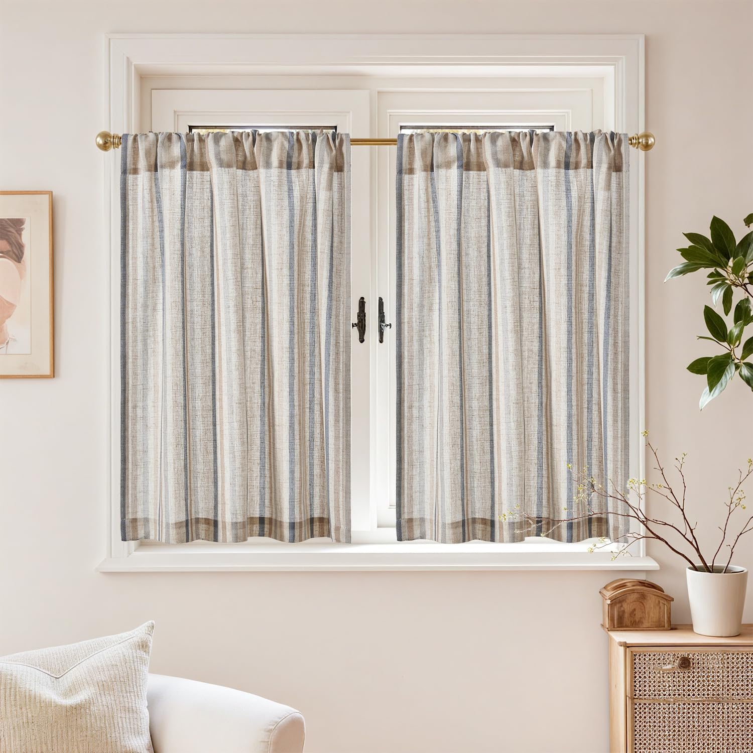 TOPICK 2er Set H 90 x B 65 (cm) Gestreifte Scheibengardinen modern Leinen Gardinen mit Streifen Küchenvorhang Blickdicht Kurz Küchengardinen für Küchen lichtdurchlässig Klein Fenster Gemischte Blau