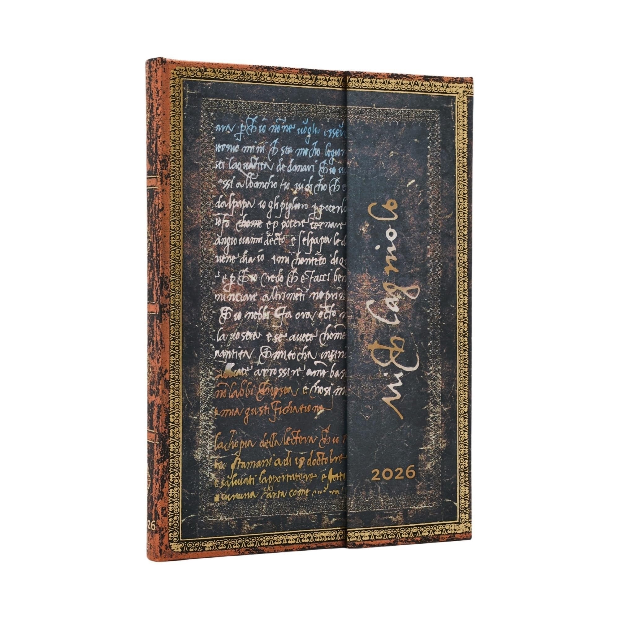 Paperblanks 2026 Michelangelo, Handwriting, Fascinating Handwriting, 12-Month Calendar, Midi, Horizontal, with Folding Envelope, 160 Pg, 100 GSM