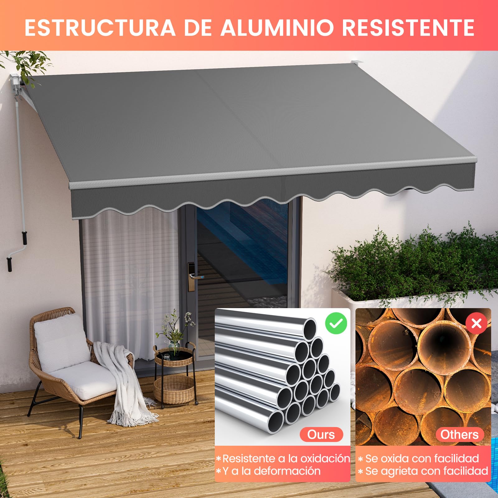 RELAX4LIFE Toldo Exterior Terraza de Marco Aluminio 2,5x2m (Gris) | con Manivela y Ángulo Ajustable 40-100°, Toldo Retráctil con Brazo Articulado, Protección Solar y de Agua para Balcón