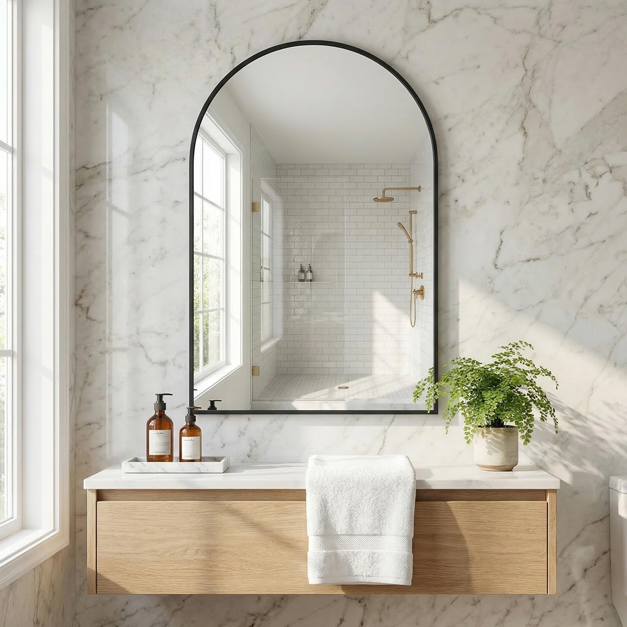 BEAUTYPEAK Bogen Wandspiegel mit Schwarz, 76x51 cm Bruchsichere Aluminiumlegierung Rahmen Badspiegel, Kann an die Wand Gelehnt oder Aufgehängt Werden, Standspiegel für Schlafzimmer, Bad und Toiletten