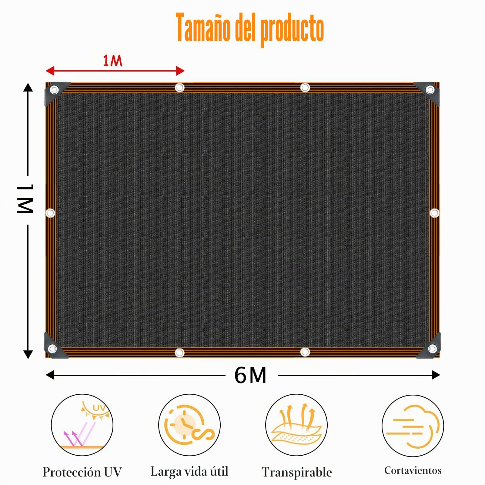 Red de Sombra Exterior, Malla Sombra Exterior 90% UV Red de Sombra con Ojales, Sombreador Pergola Tela de Sombra para Pergola Jardín Patio Balcón Invernadero Granero (Negro-1x6m)