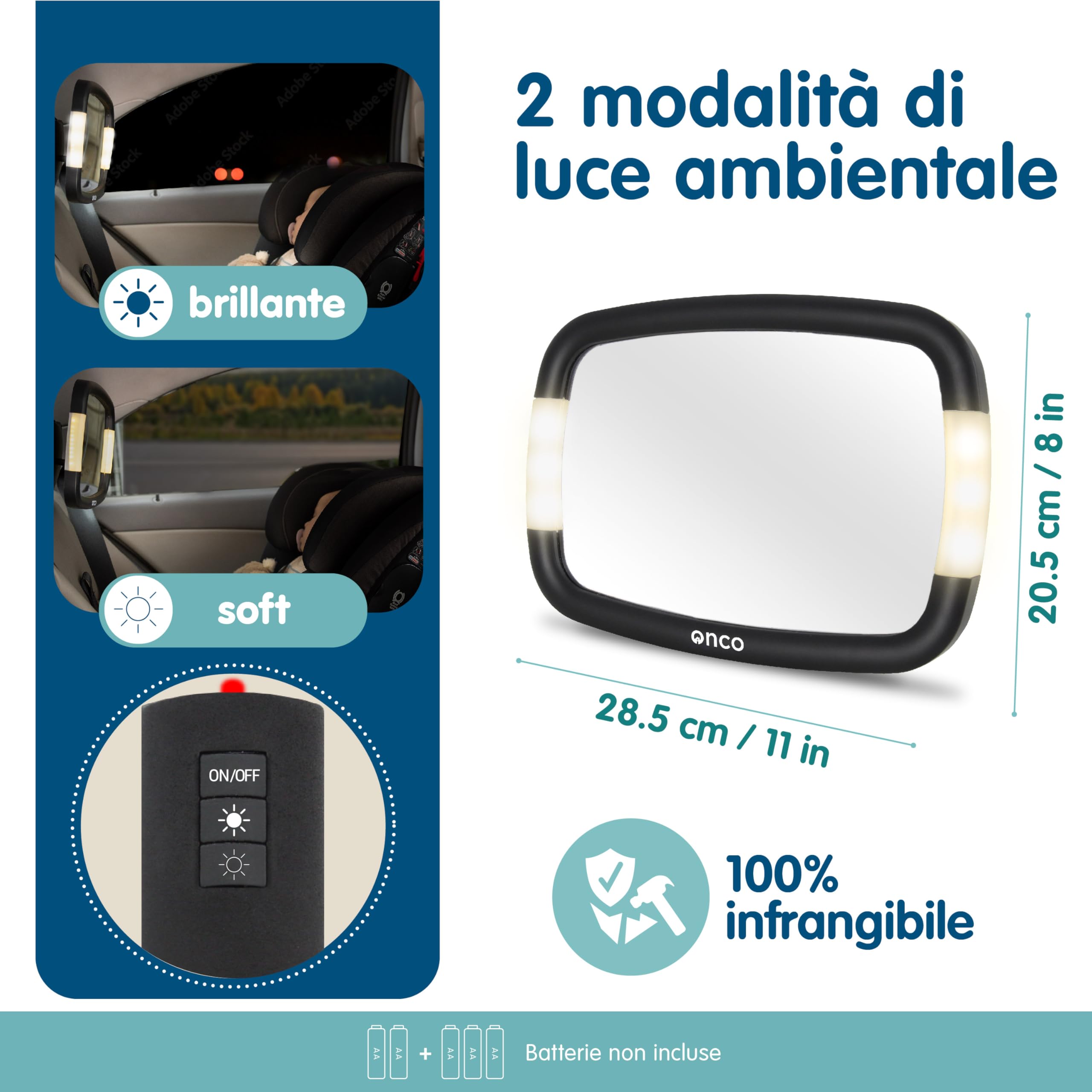 Onco Specchietto Retrovisore Bambini LED - 2 Modalità di Luce Ambientale, 100% Infrangibile, Regolabile a 360° e Universale, Specchietto Retrovisore Auto, Specchio Auto Neonato Sedile Posteriore