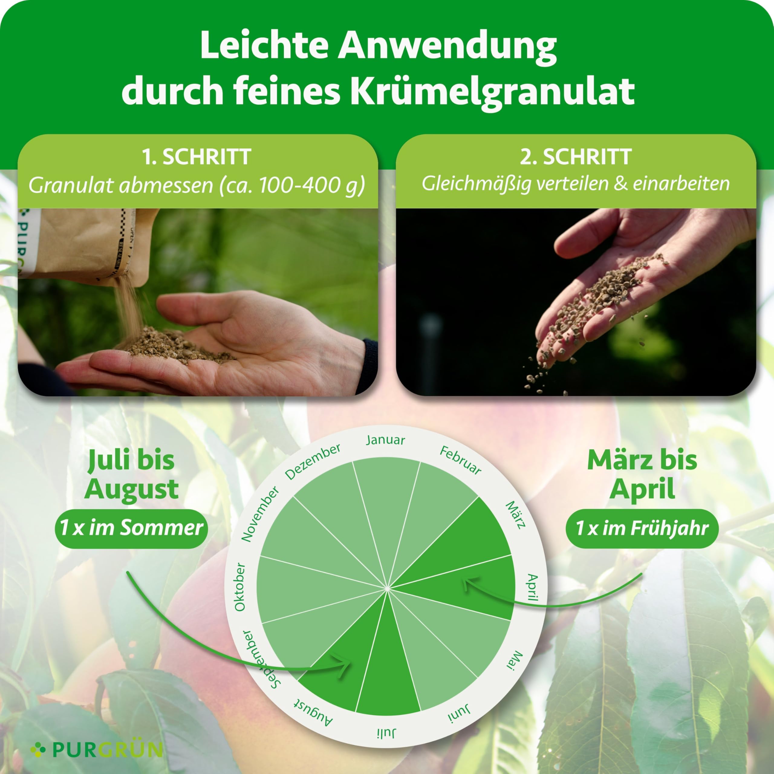 Bio-Pfirsichbaum-Dünger 1 kg – Organisch-mineralische Rezeptur – Feinkörniges Krümelgranulat – NPK 6+3+8 – Mit Magnesium für süße Pfirsiche – Verbessert die Bodenqualität – Chloridarm