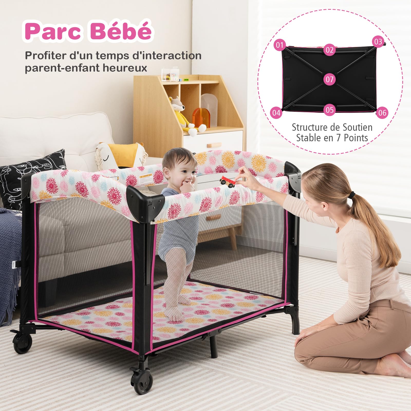DREAMADE Lit Parapluie Bébé 4 en 1 107x72x119 cm Cododo avec Table à Lange & Matelas Noir+Rose