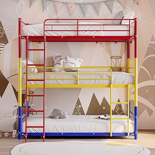 Detachable Triple Bunk Bed, Heavy Duty Bunk Beds Twin Over Twin Metal Bunkbed Frame with Safe Guardrails & 2 Ladder, Convertible 3 Twin Beds for Kids/Teens/Adults Bedroom (Colorful, Detachable Triple)