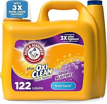 ARM & HAMMER Plus OxiClean with Odor Blasters Liquid Laundry Detergent, Laundry Odor Remover, Attacks Stains, Fresh Burst Scent, 122 Loads, 158.6 Fl Oz
