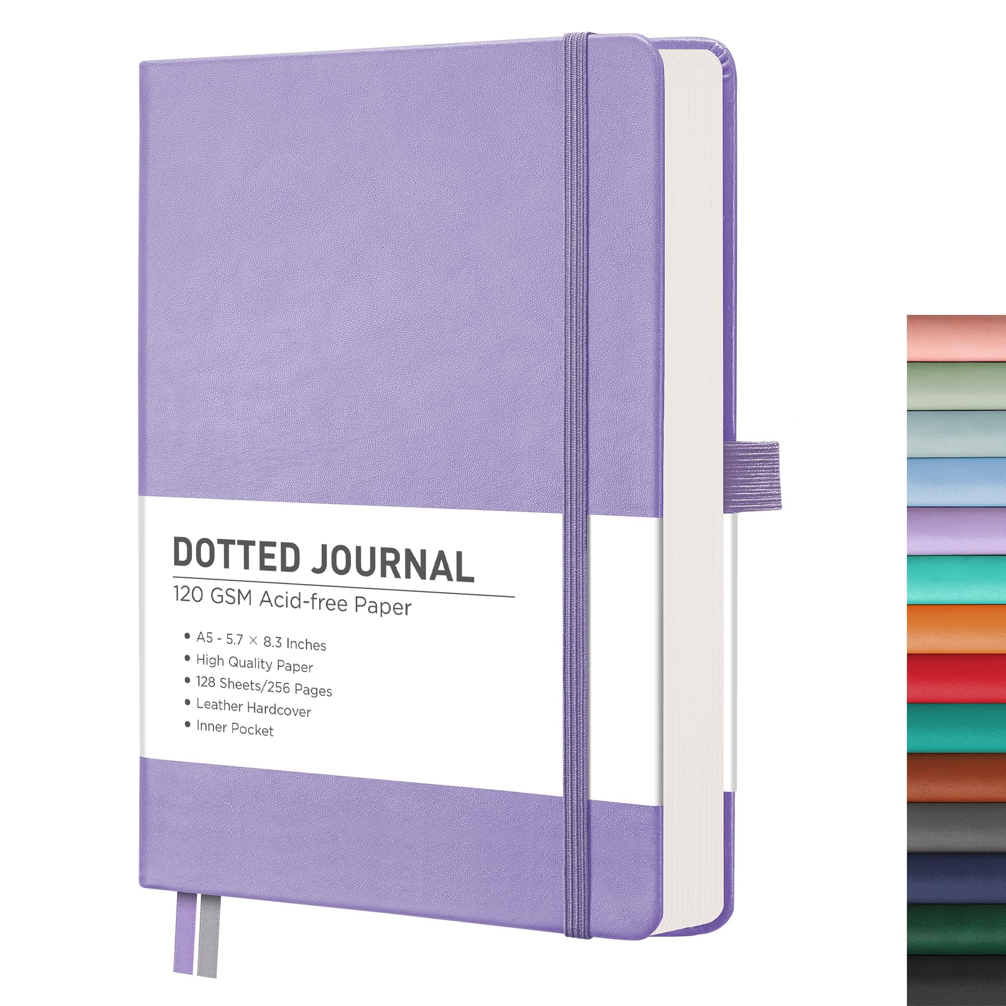 RETTACY Dotted Journal Notebook, 256 Pages, A5 Medium Size (5.7'' × 8.3''), Leather Hardcover, 120 GSM Thick Paper, for Journaling, Planning, Tracking (Purple)
