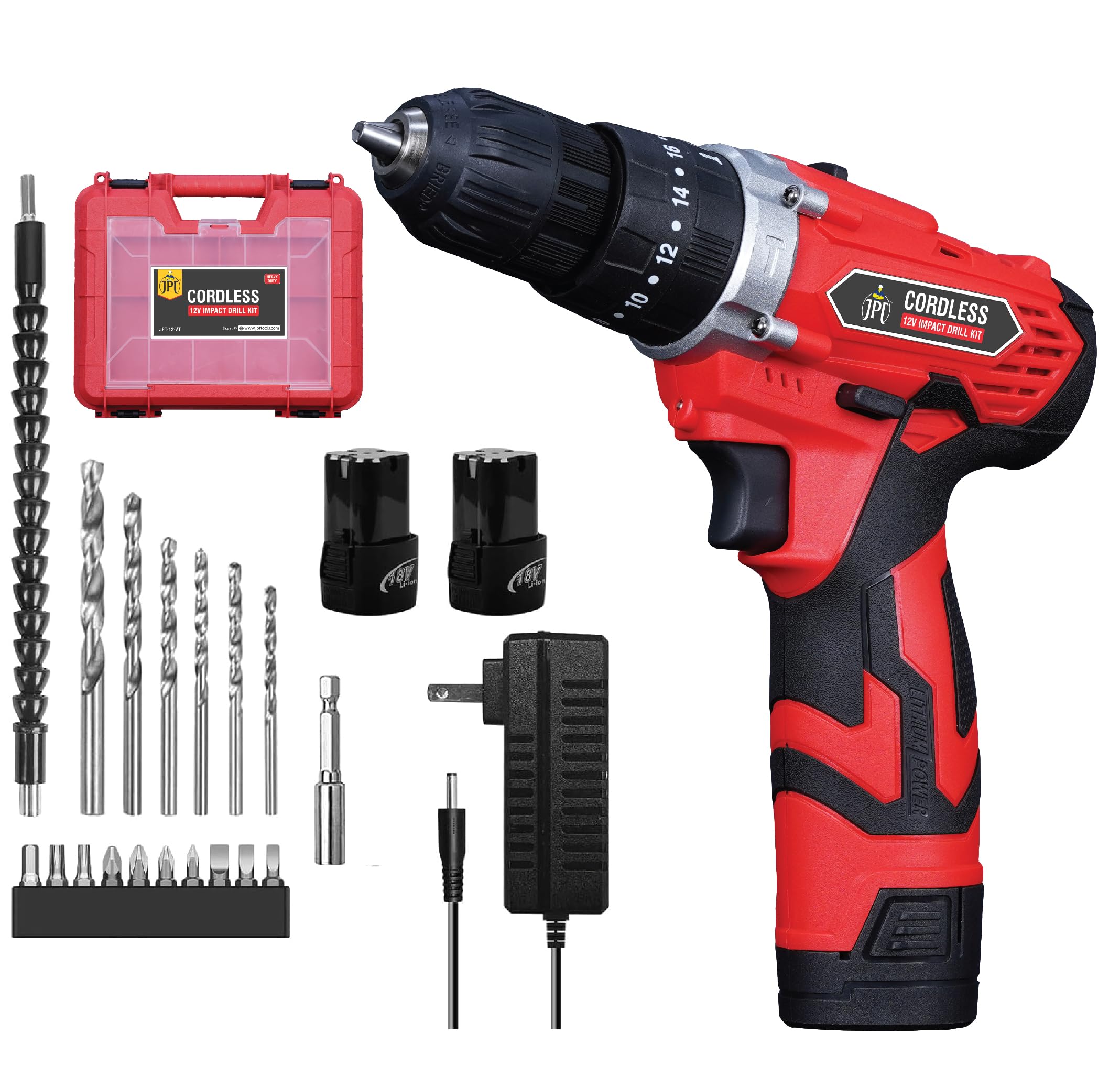 JPT 12-volt Impact Cordless Drill Machine/Driver | 30 Nm Torque | 1800 RPM Speed | 3/8" Keyless Chuck | 2 Speed Modes | 3 Setting Modes | LED Light | All Premium Accessories Included