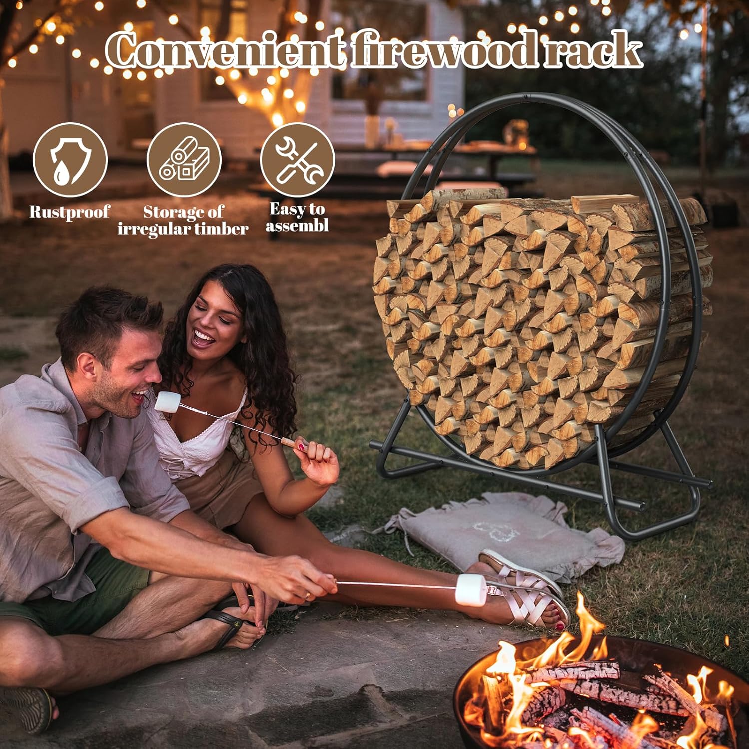 Outdoor Firewood Circle Rack- Metal Pipe Ring,Sturdy & Durable Firewood Holder for Indoor/Outdoor Use,Space-Saving Design for Fireplace,Campfire or Backyard Storage (40 inch diameter circle)