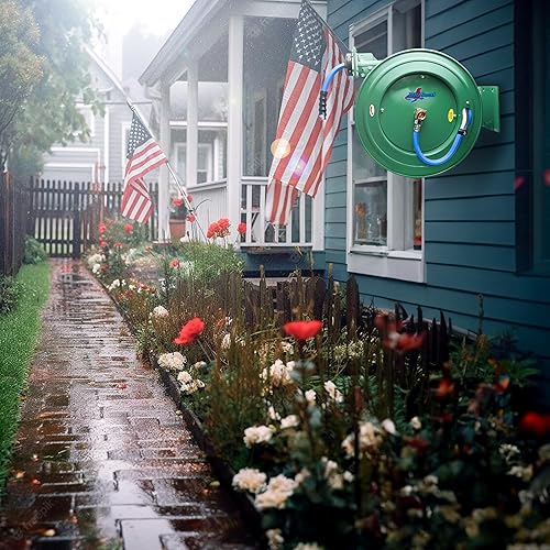 Miniatura 10 de RMX BluSeal Carrete de manguera de agua retráctil automática con manguera de jardín de goma de agua fría y caliente, boquilla de pulverización,