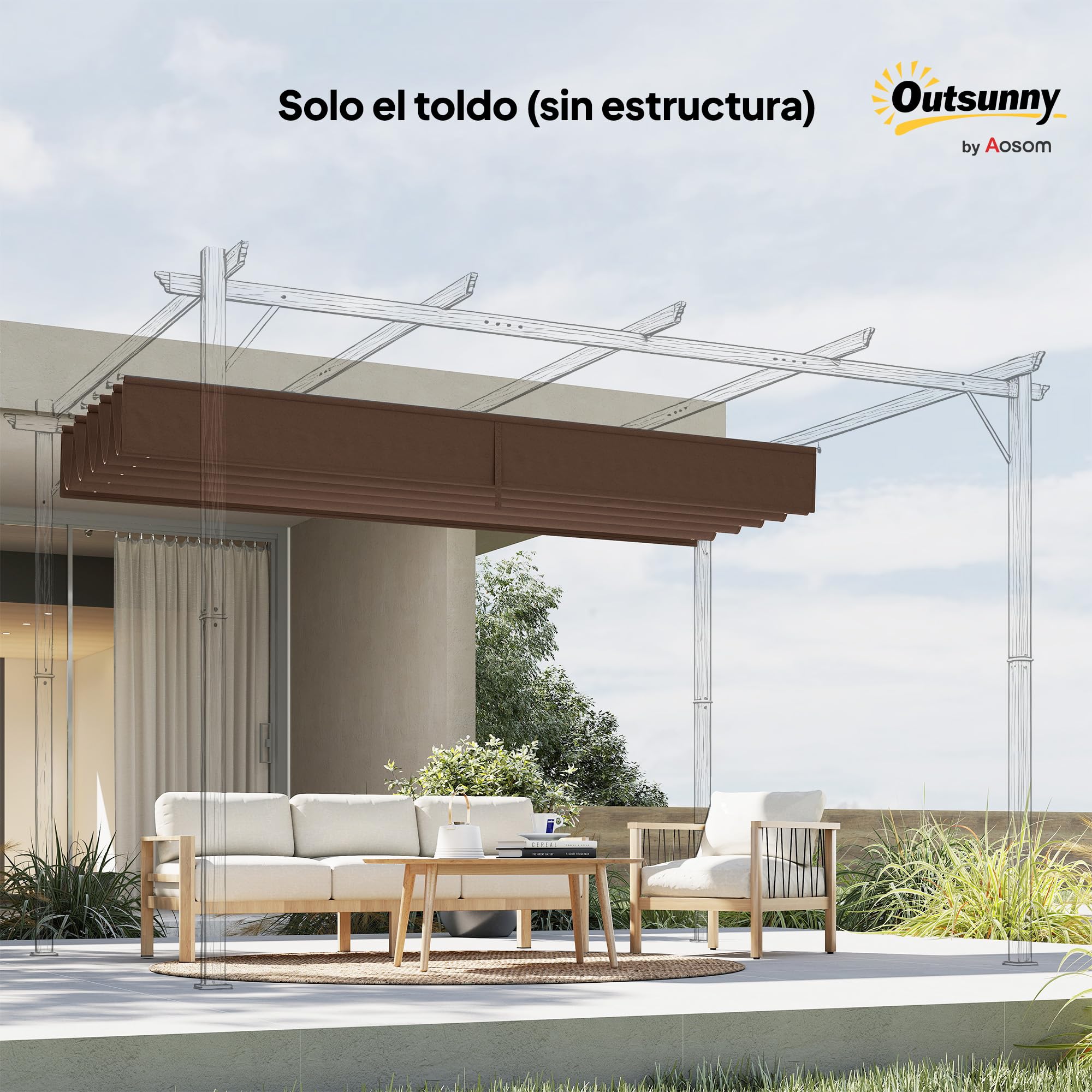 Outsunny Techo de Pérgola 3,5x2,6 m, Techo de Repuesto Retráctil para Marco de Pérgola de 4x3 m, UV30+, Toldo de Tela Solo para Cenador Jardín con 10 Orificios de Drenaje, Café