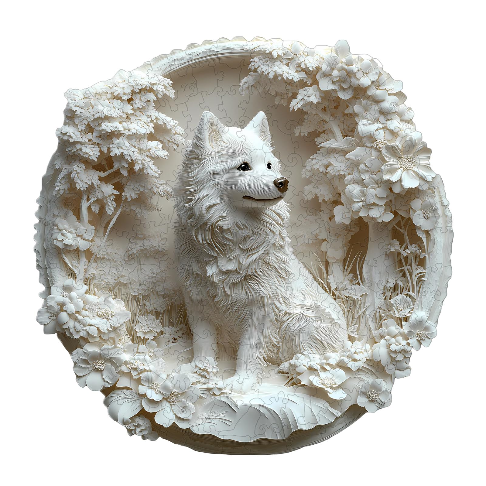 Puzzle drewniane dla dorosłych pies Samoyed - 295 elementów w pudełku upominkowym, dekoracja ścienna i prezent dla przyjaciół i rodziny (od 14 lat+)