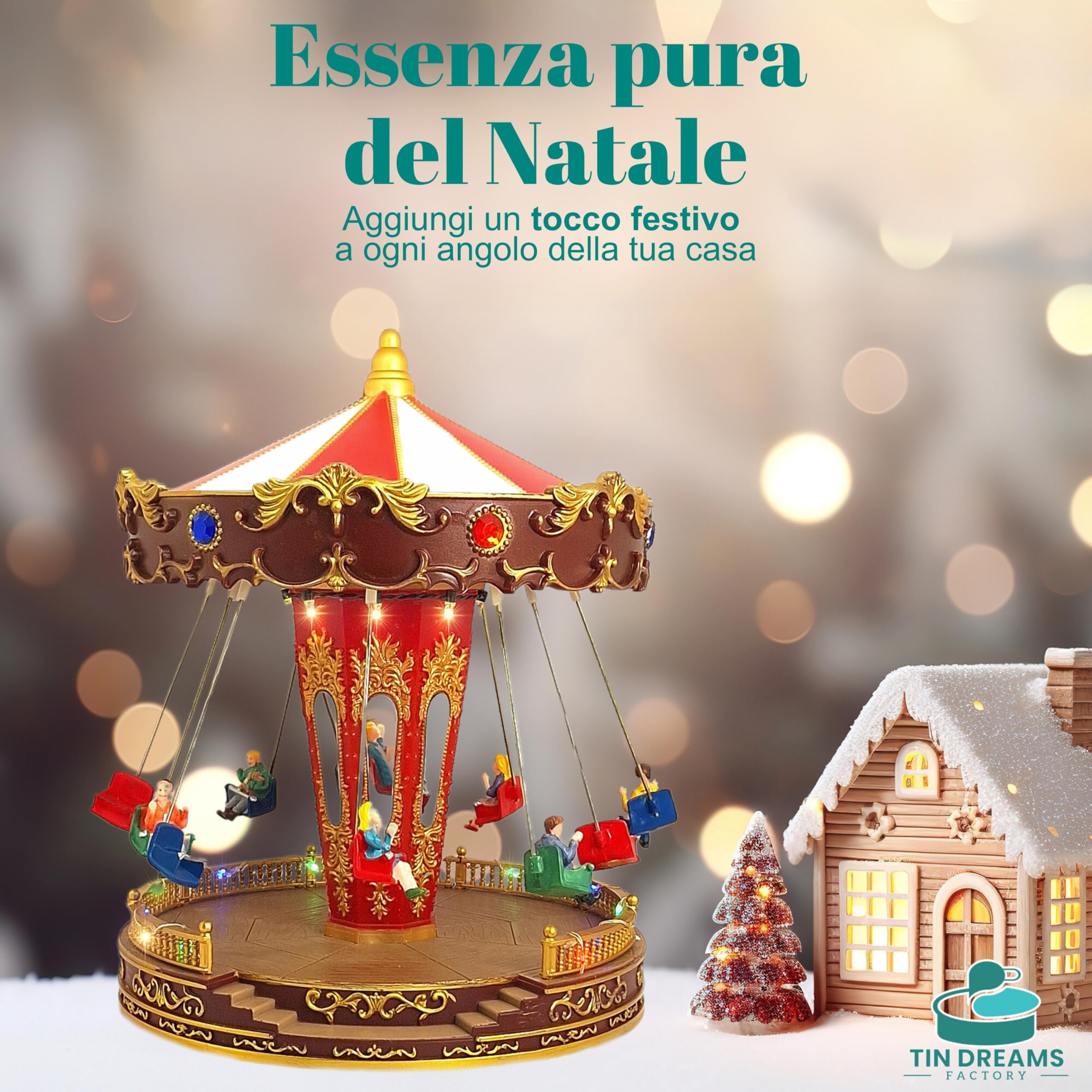 TIN DREAMS| Giostra Natalizia con Movimento Musica e Luci LED| Giostrina di Natale Musicale a Dondolo| Villaggio Natalizio, Borgo in Miniatura, Scena Animata Illuminata| Addobbo Decorazioni Natalizie