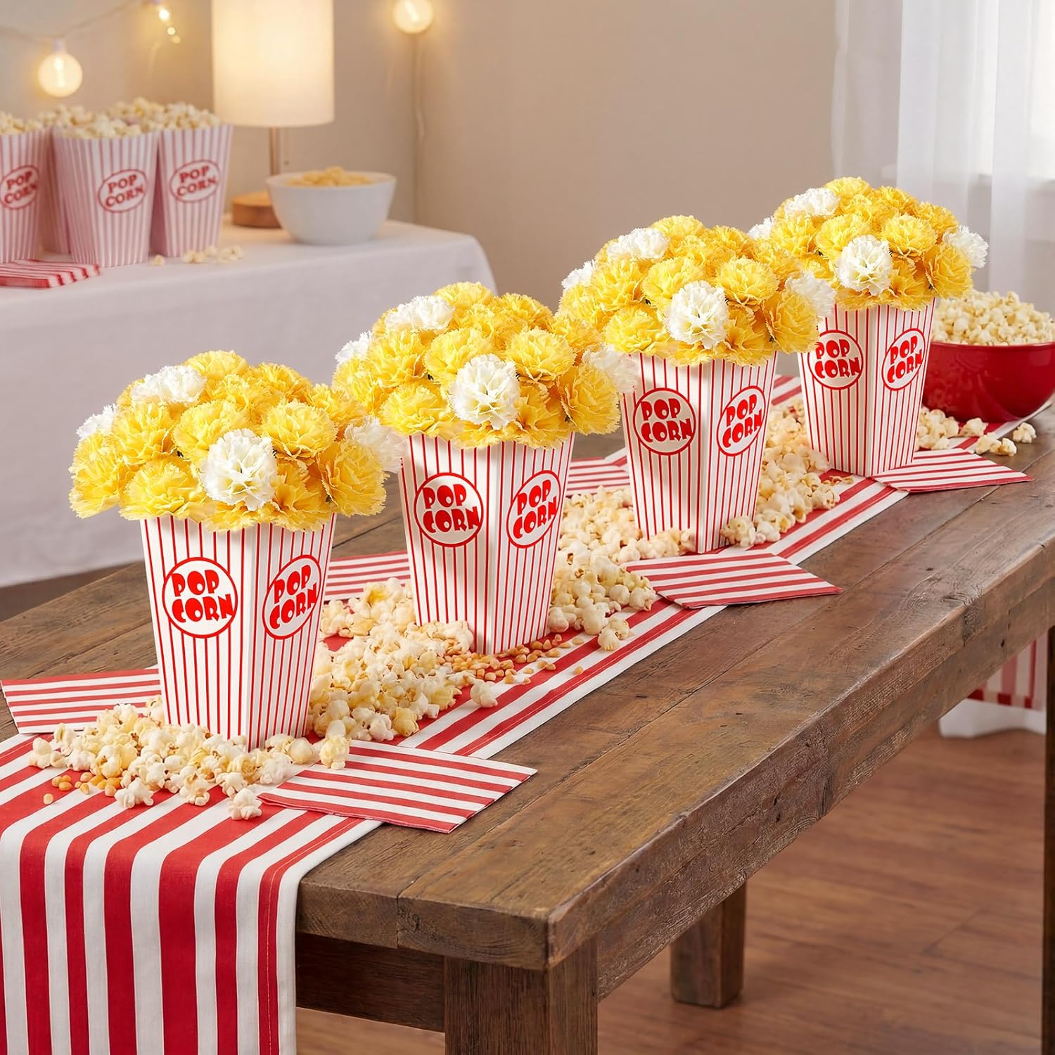 Yinder 8 Sets 204 Pcs Movie Night Popcorn Centerpieces for Table Carnival Circus Table Decorations Bulk with Popcorn Boxes Artificial Carnations with Stems for Movie Night Themed Birthday Party Decor