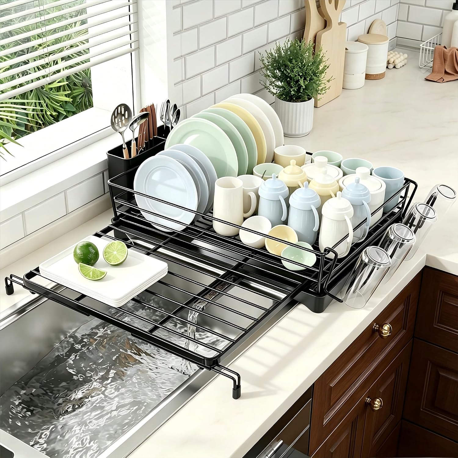 Ekisemio Expandable Dish Drying Rack with Utensil Holder & Drip Tray, Black