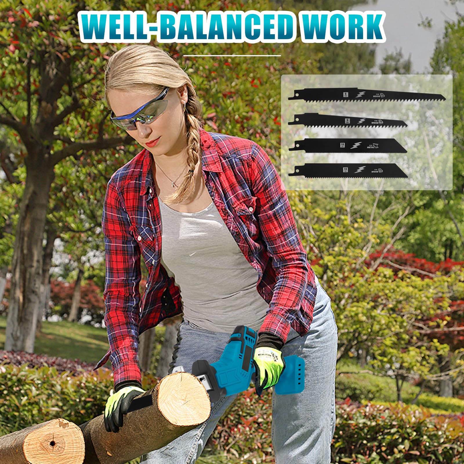 Scie Sabre Sans Fil Compatible avec Makita 18V, Scie Egoîne Electrique Sans Fil avec Verrou De Sécurité et Lumière LED, 0-3000Spm, 4 Lames pour la Coupe du Bois et du Métal (N'Inclut Pas la Batterie)