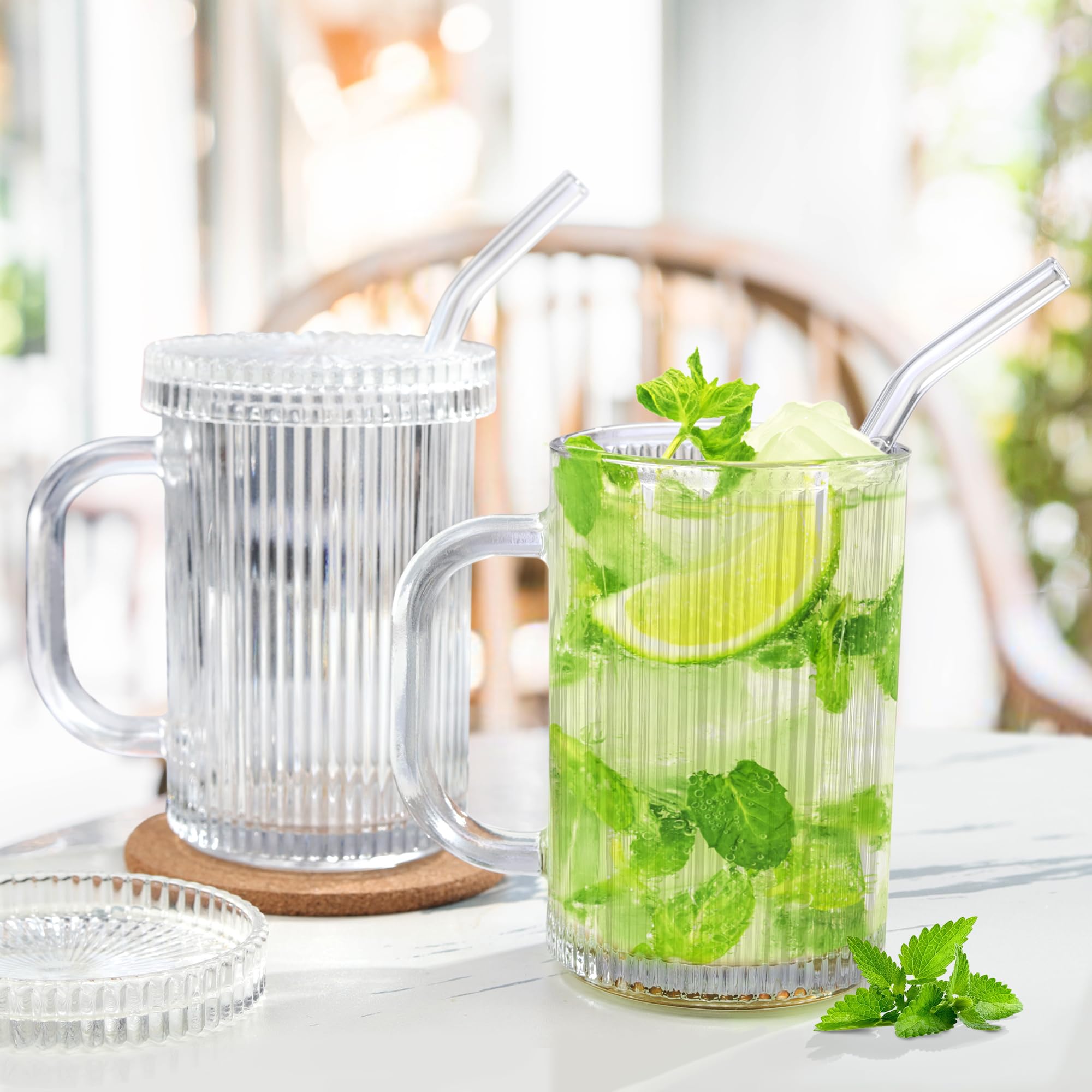 Joeyan 390ml Vasos de cristal transparente con ondulaciones, con pajilla y tapa de cristal y asa,set de 2,Ideales para agua, café frío, bebidas, té. Vasos de agua para el hogar, la cocina y la oficina