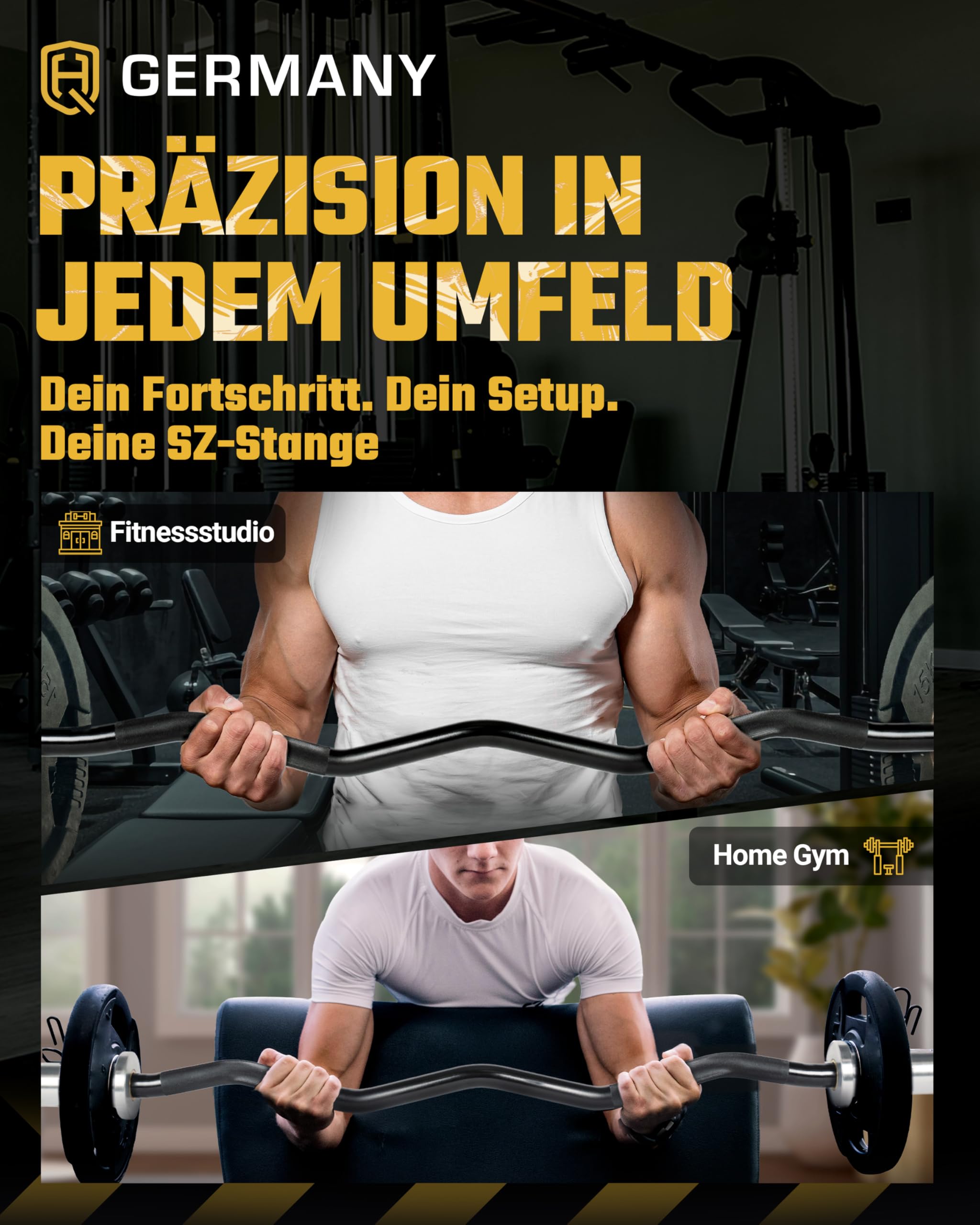 HQ Germany® SZ-Stange 50mm [Performance-Line] - Curl-Stange 50mm | Nadel statt Gleitlager, hartverchromte Sleeves, schwarz verchromter Schaft, 50mm Aufnahme, bis 250kg belastbar