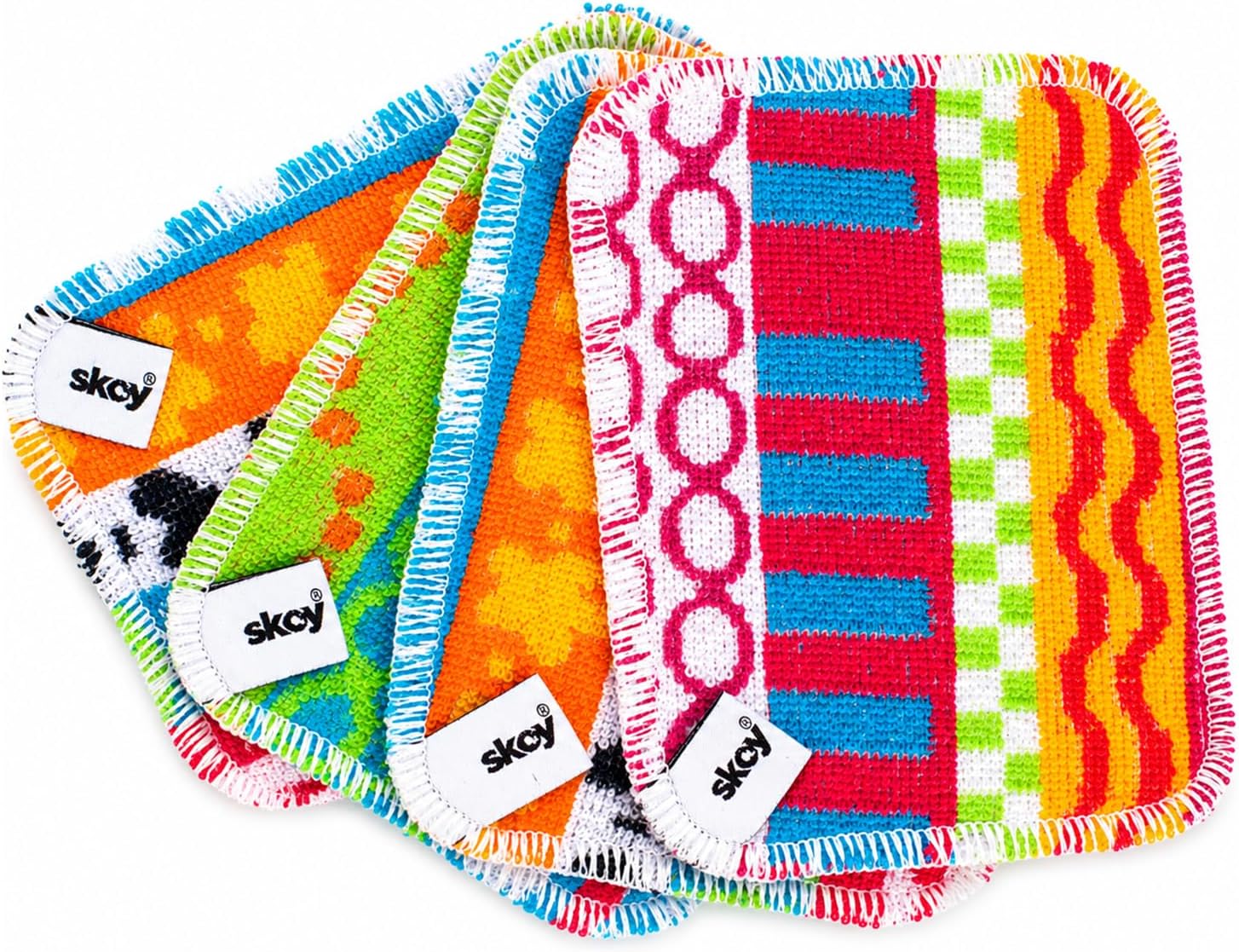 Skoy Scrub, 4-Pack Reusable, Non-Scratching Dish Scrubber for Kitchen and Household Cleaning, Planet-Friendly, Dishwasher Safe Soft Scrub, Assorted Colors and Designs