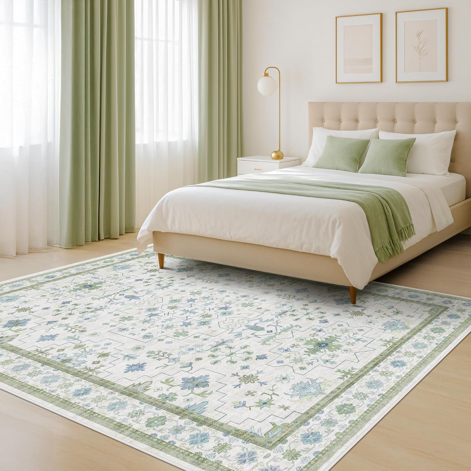 Oushak Area Rug for Bedroom 5x7 - Blue and Green Vintage Boho Floral Geometric, Washable Low Pile Non Slip Area Rugs for Nursery Room, Foyer, Cozy Aesthetic Room Decor 5' x 7' (Rectangular) Cream Green