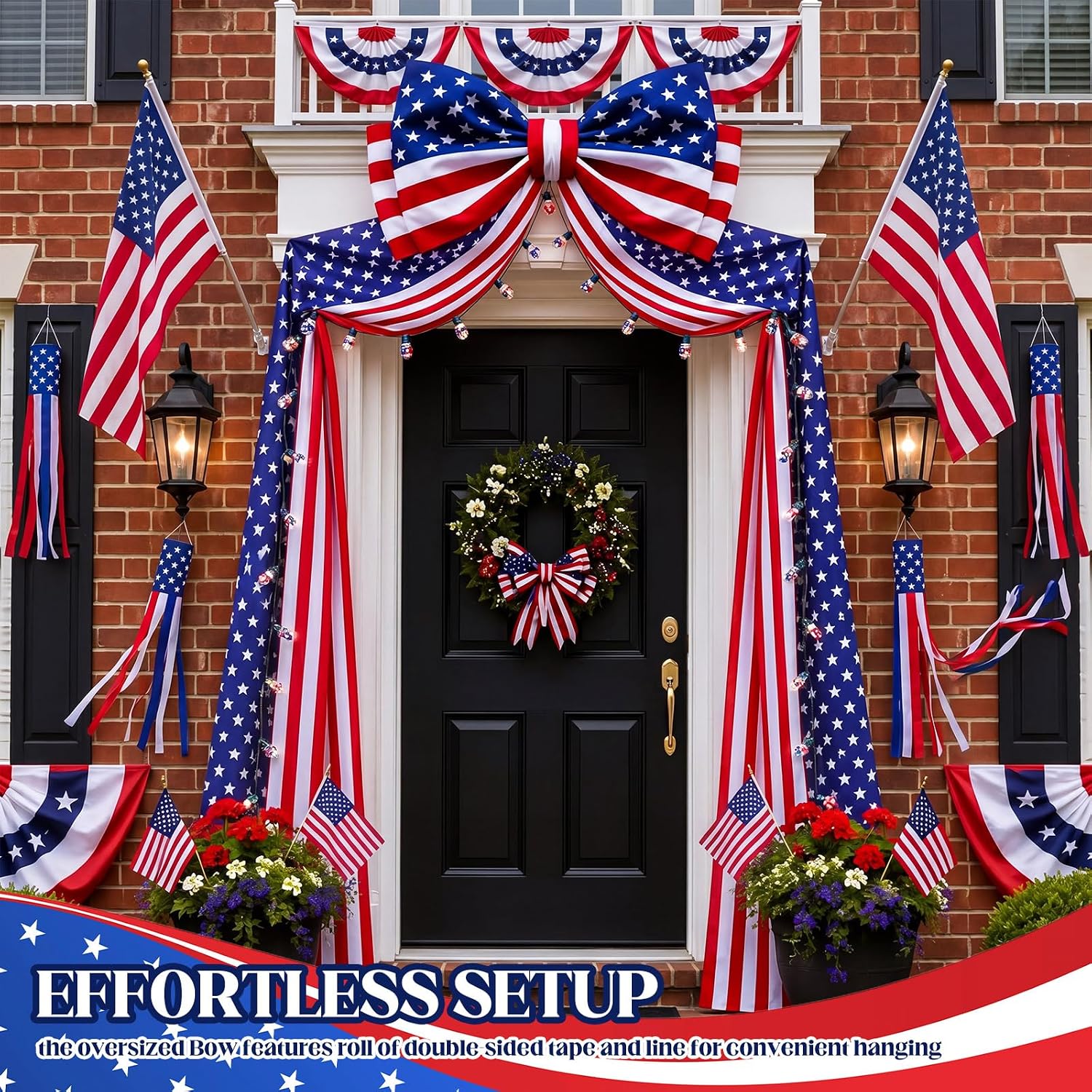 Breling 4th of July Patriotic Bunting Door Porch Decorations 32ft Patriotic Porch Banner with Large 4th of July Bow Red White and Blue Independence Day 250th Anniversary Banner Outdoor Yard Decor