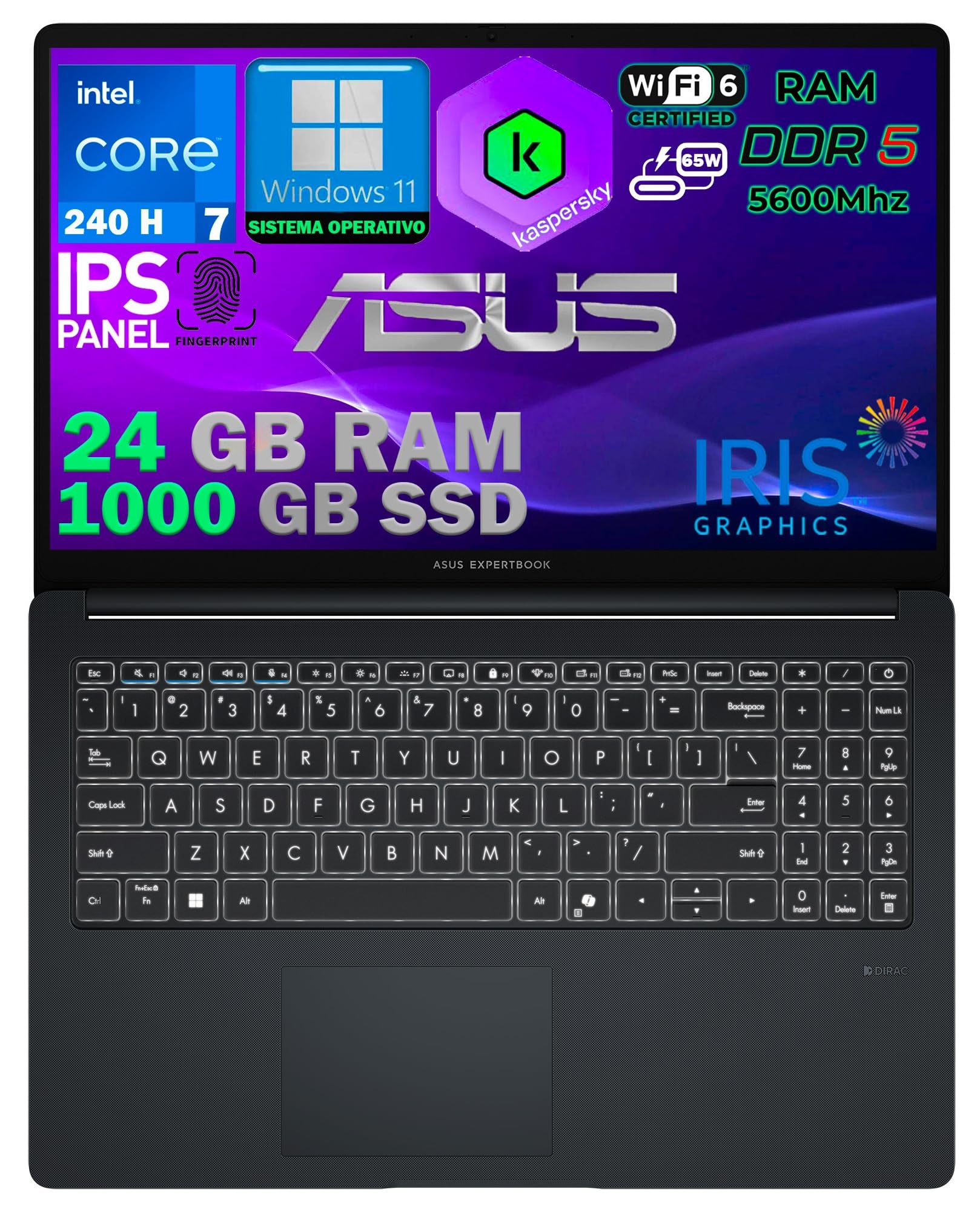 ASUS Notebook ExpertBook 15,6" Intel Core 7-240H 14ª Gen fino a 5GHz, 24GB RAM DDR5, 1TB SSD, Win11 Pro, incluso KASPERSKY Tastiera Retroilluminata, QWERTY, Fingerprint