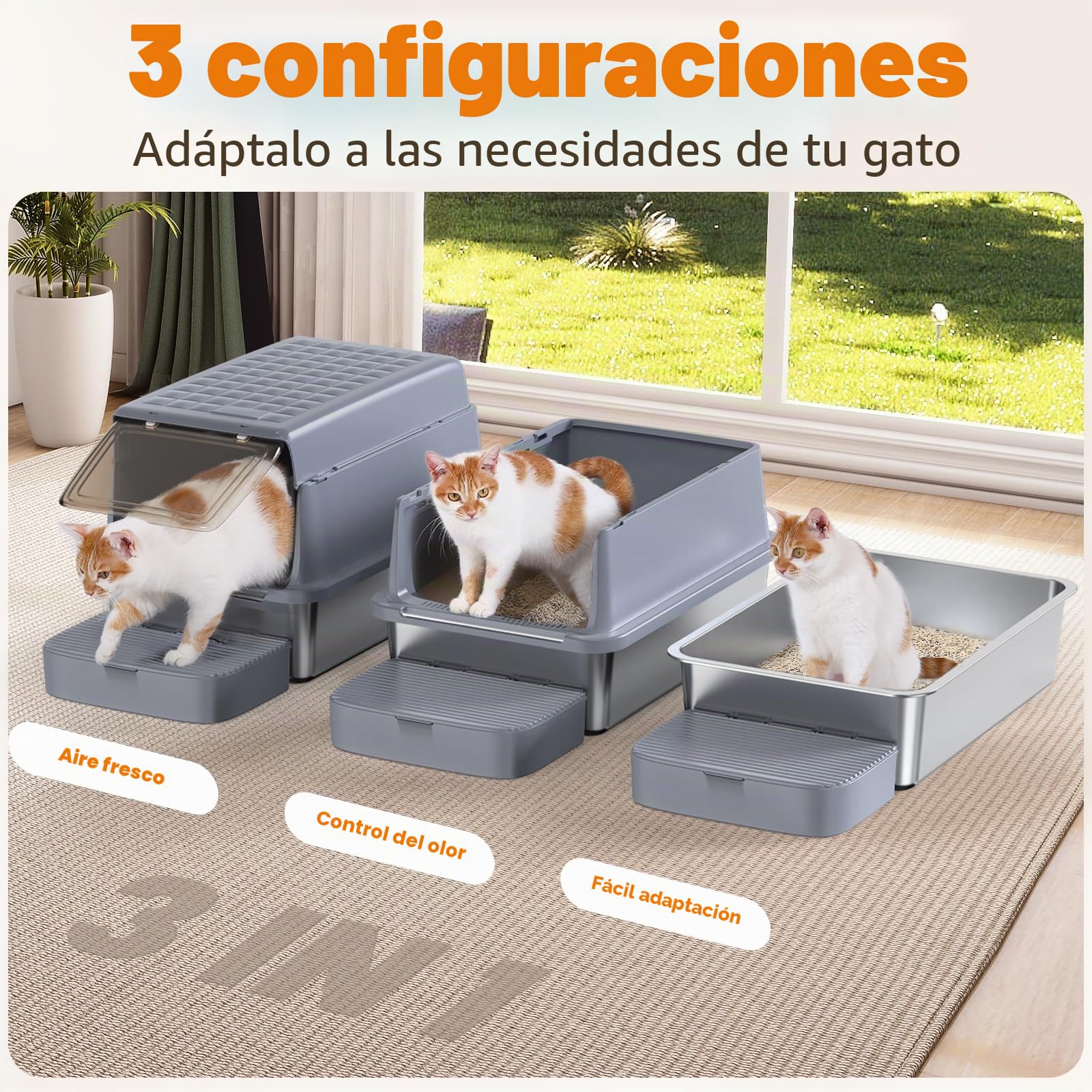 Rywell Arenero Gato Acero Inoxidable XXL, Tapa 120° para una Limpieza Fácil, Caja de Arena Cubierto, 3 en 1 Arenero Gato Bordes Altos con Pala