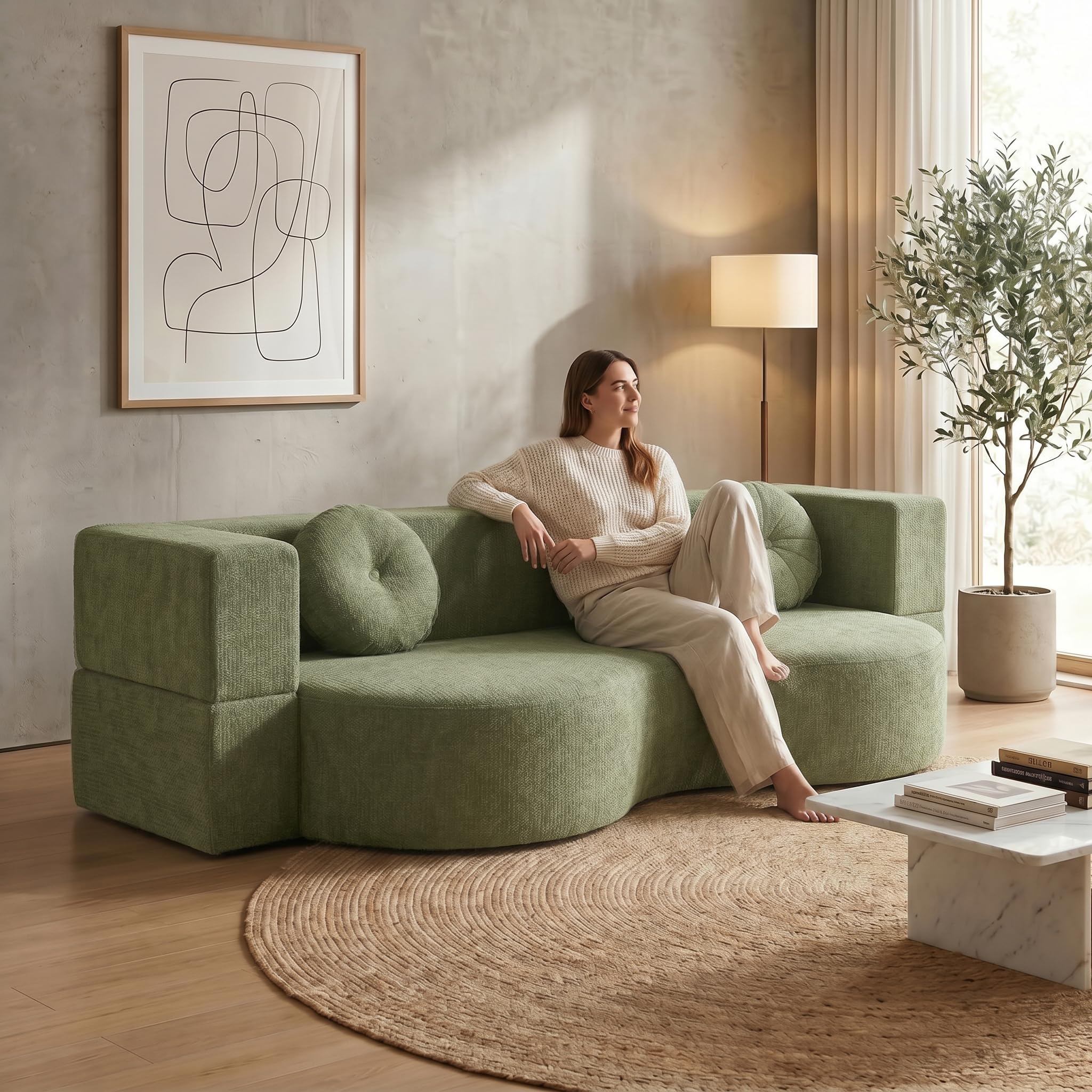 Divano Letto Pieghevole 2 in 1, Divano con Funzione Letto Senza Struttura Rigida, Sofa Bed con 2 Cuscini, Letto Ospiti Pieghevole per Soggiorno, Camera da Letto e Ufficio,Verde(200 x 50 x 64 cm)
