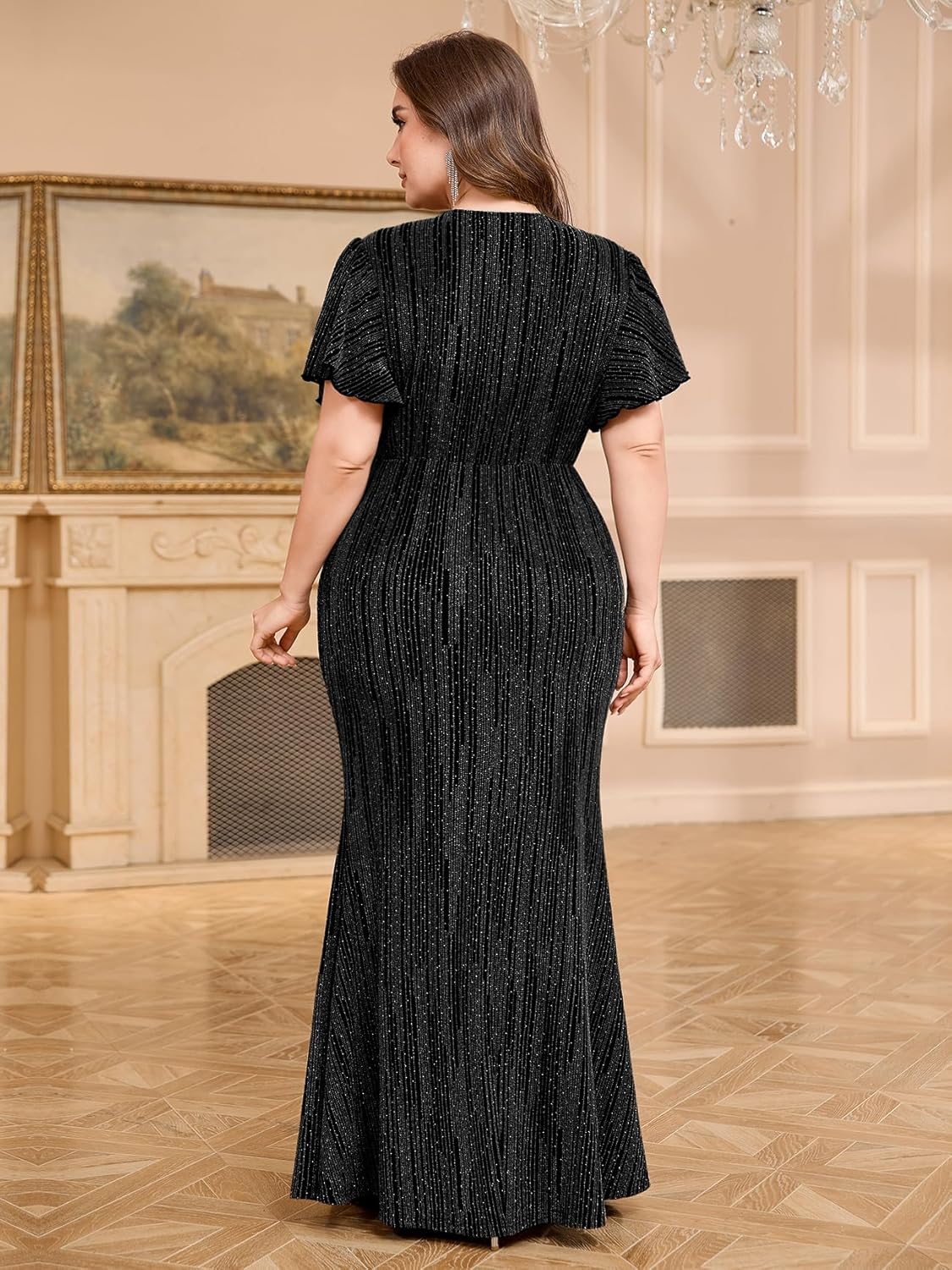 Plus Size Sparkly V Neck Wrap Evening Gown Ruffle Sleeve Ruched Formal Mermaid Maxi Dress Wedding Cocktail Party - Image 6