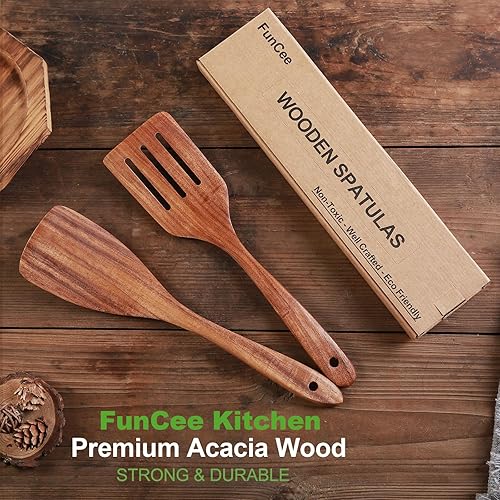 Miniatura 5 de Paquete de 2 espátulas de madera, espátula de madera de acacia con mango largo, cucharas de madera hechas a mano para cocinar, juego de utensilios