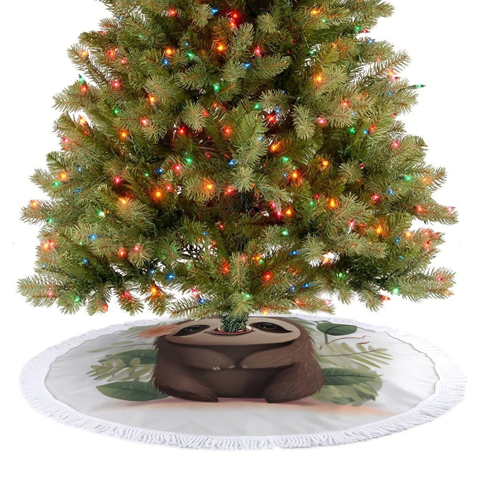 Cute Cartoon Sloth Christmas Tree Skirt 48"x48" Rustic Xmas Tree Mat with Tassel Ornament Christmas Trees Cover Skirt Mat for Evergreen Trees Ornament Winter Holiday Mats Decorations