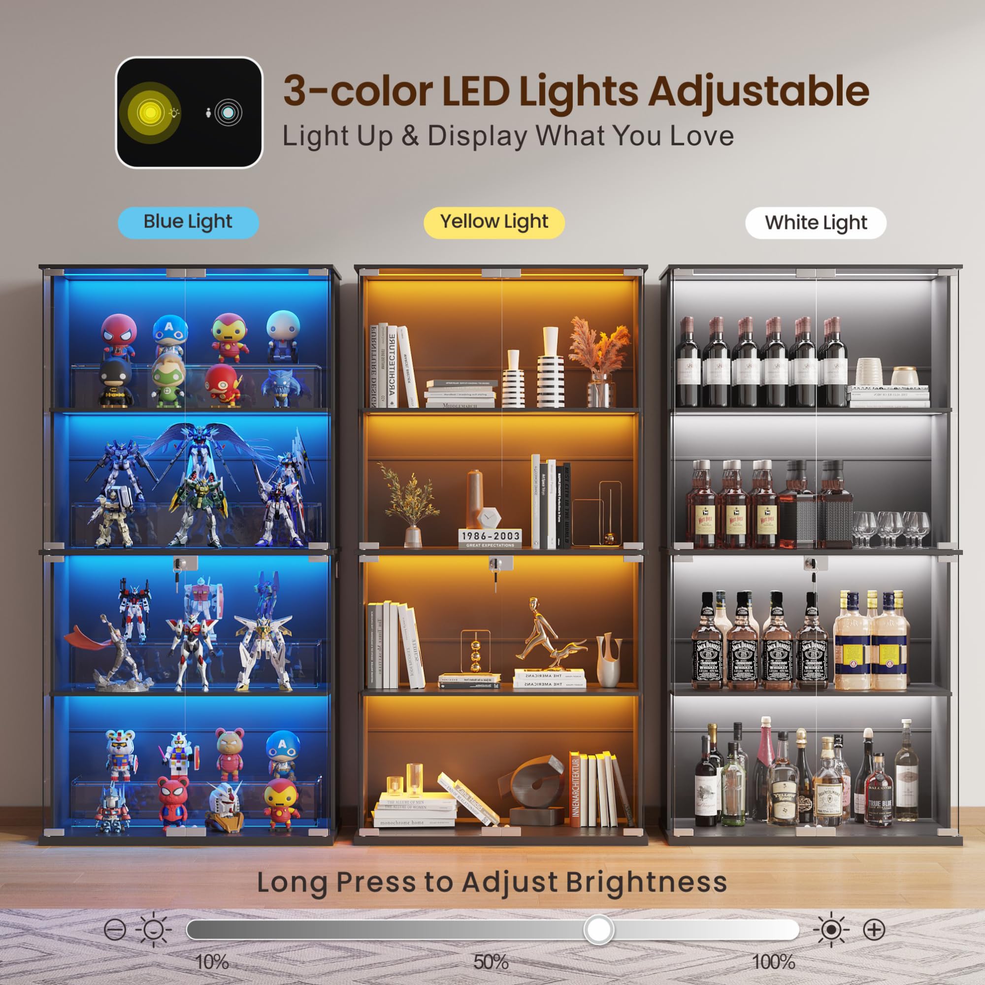 Lvifur Vitrine mit LED Beleuchtung und Glastüren für Sammlerstücke,Wein,35×70×168cm 4-Lagen Glasvitrine Vitrinenschrank mit Intelligente Sensorik für Wohnzimmer Schlafzimmer,Schwarz