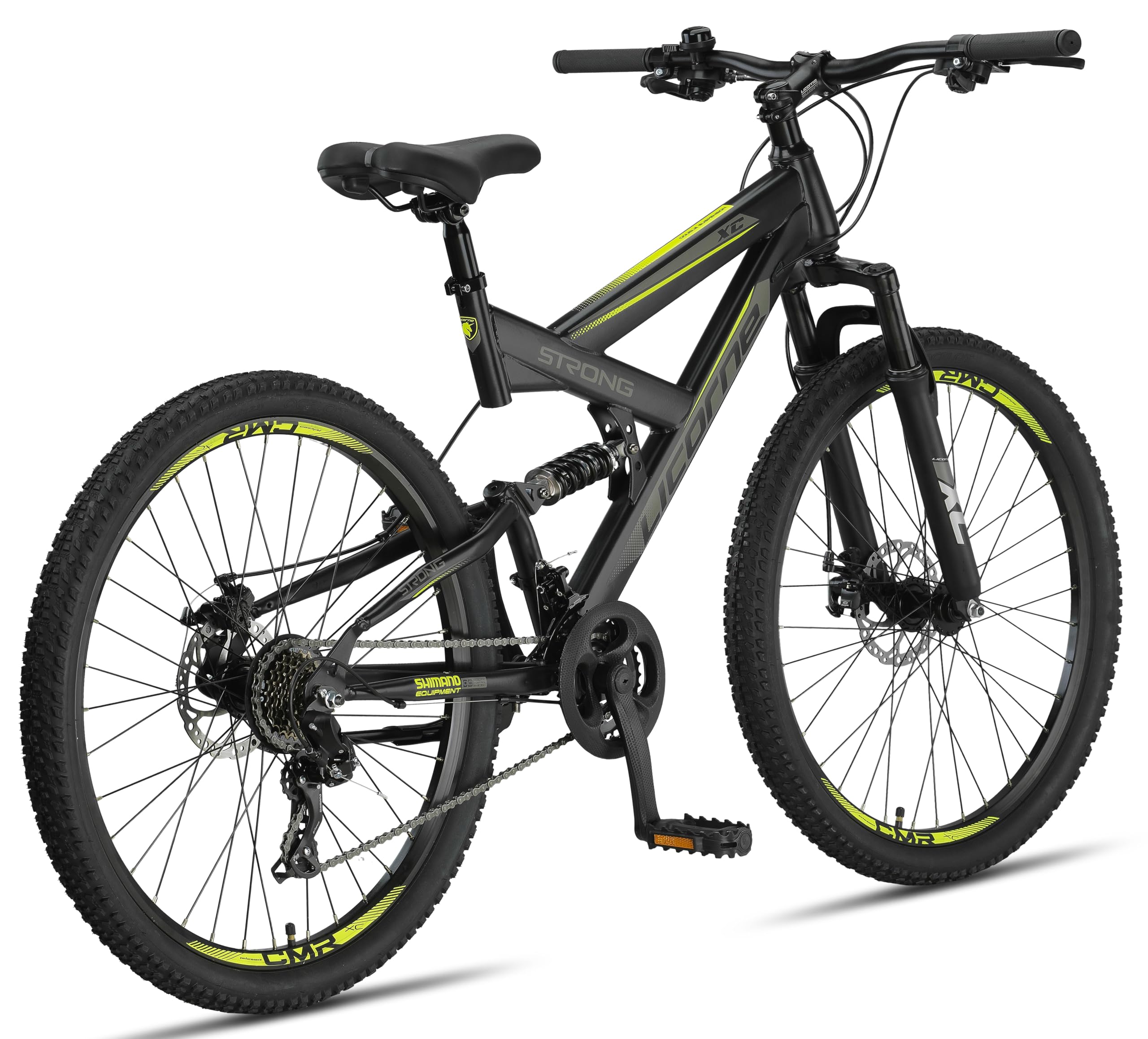 Licorne Bike Bicicleta de montaña Strong 2D, para niños, niñas, mujeres y hombres, freno de disco delantero y trasero, 21 velocidades, suspensión completa, negro/lima, 27,5 pulgadas