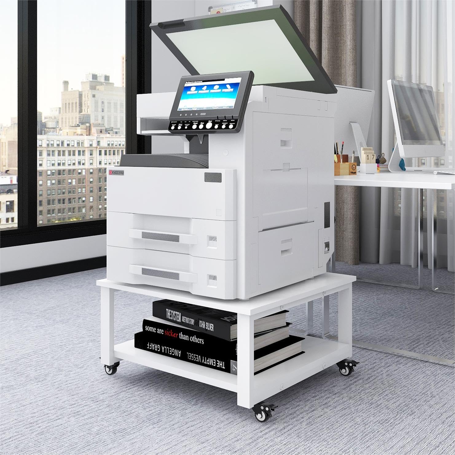 PUNCIA Mesa para Impresora de 2 Niveles con Ruedas Soporte para Impresora móvil de Madera y Metal Carro para Impresora Estante de Almacenamiento 60 x 60 x 32 cm Blanco para Oficina Hogar Escuela