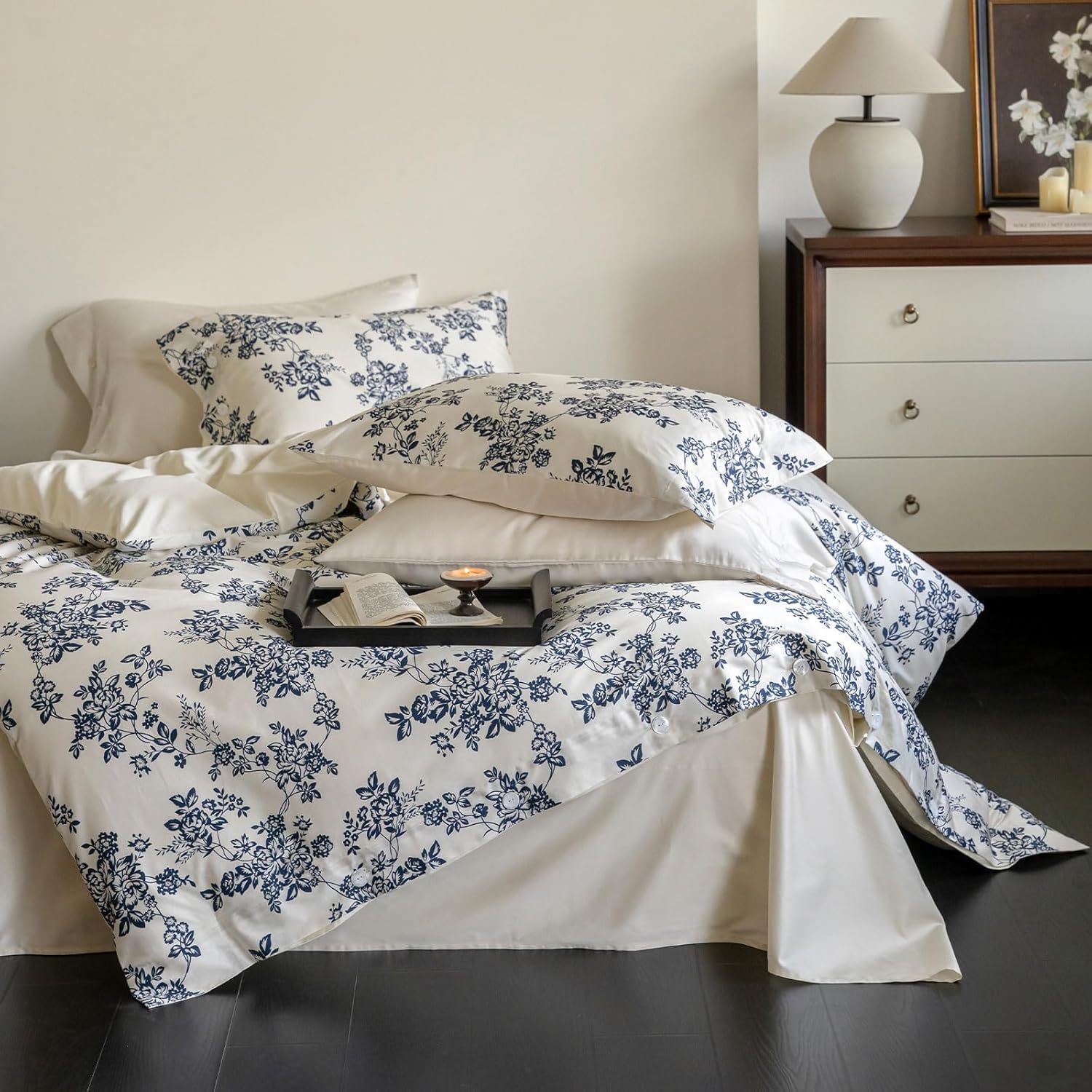 King Size Floral Duvet Cover Set - 100% Cotton Bird Flower Pattern Bedding | Includes 1 Duvet Cover & 2 Pillow Shams