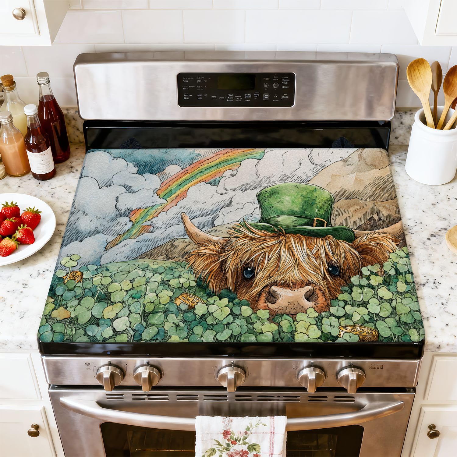 Stove Top Cover for Electric Stove Magical Highland Cow Vibrant Clover Glowing Rainbow Art Heat Resistant Glass Cooktop Protector Flat Top Oven Cover Mat Prevent Scratching 28" x 20"