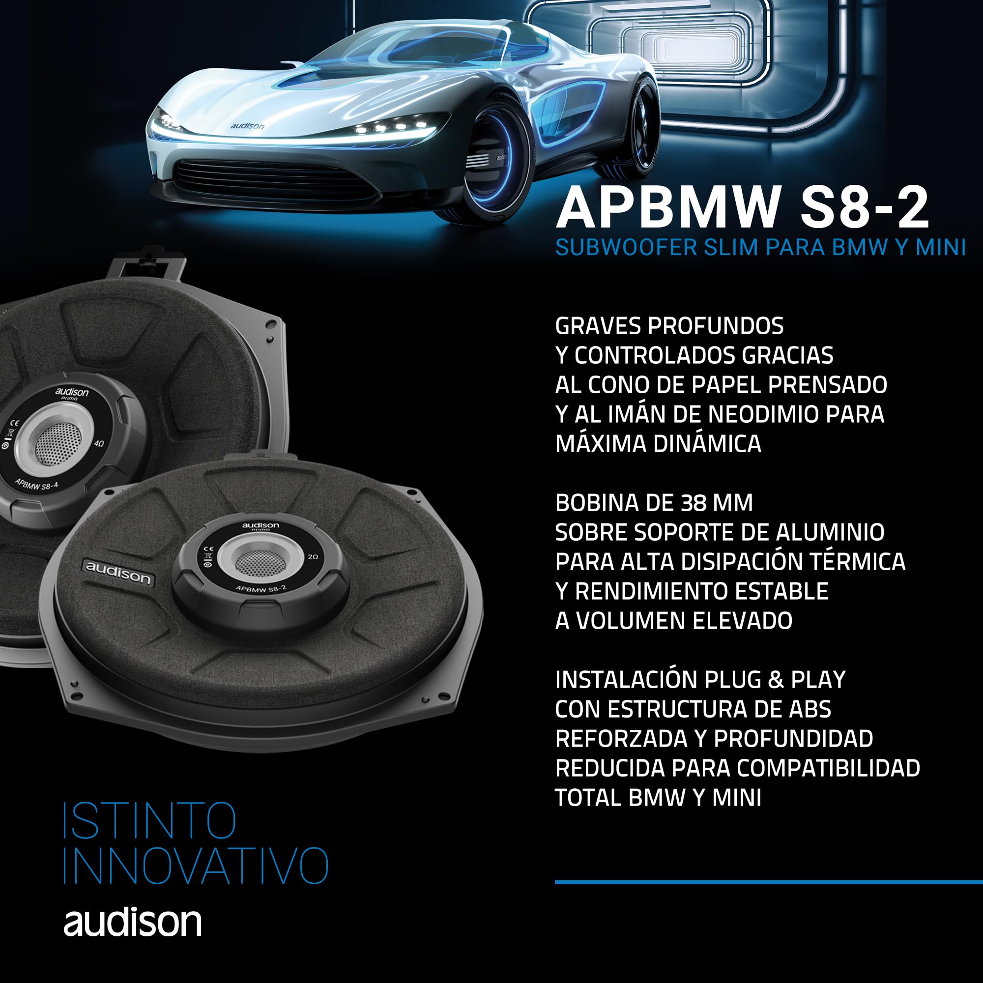 Audison APBMW S8-2.2 Subwoofer de 200 mm para BMW y Mini, 300 W, 2 Ohmios, Montaje Bajo Asiento, Bobina de Cobre 50 mm, Imán de Neodimio, Respuesta en Frecuencia 40 Hz - 500 Hz