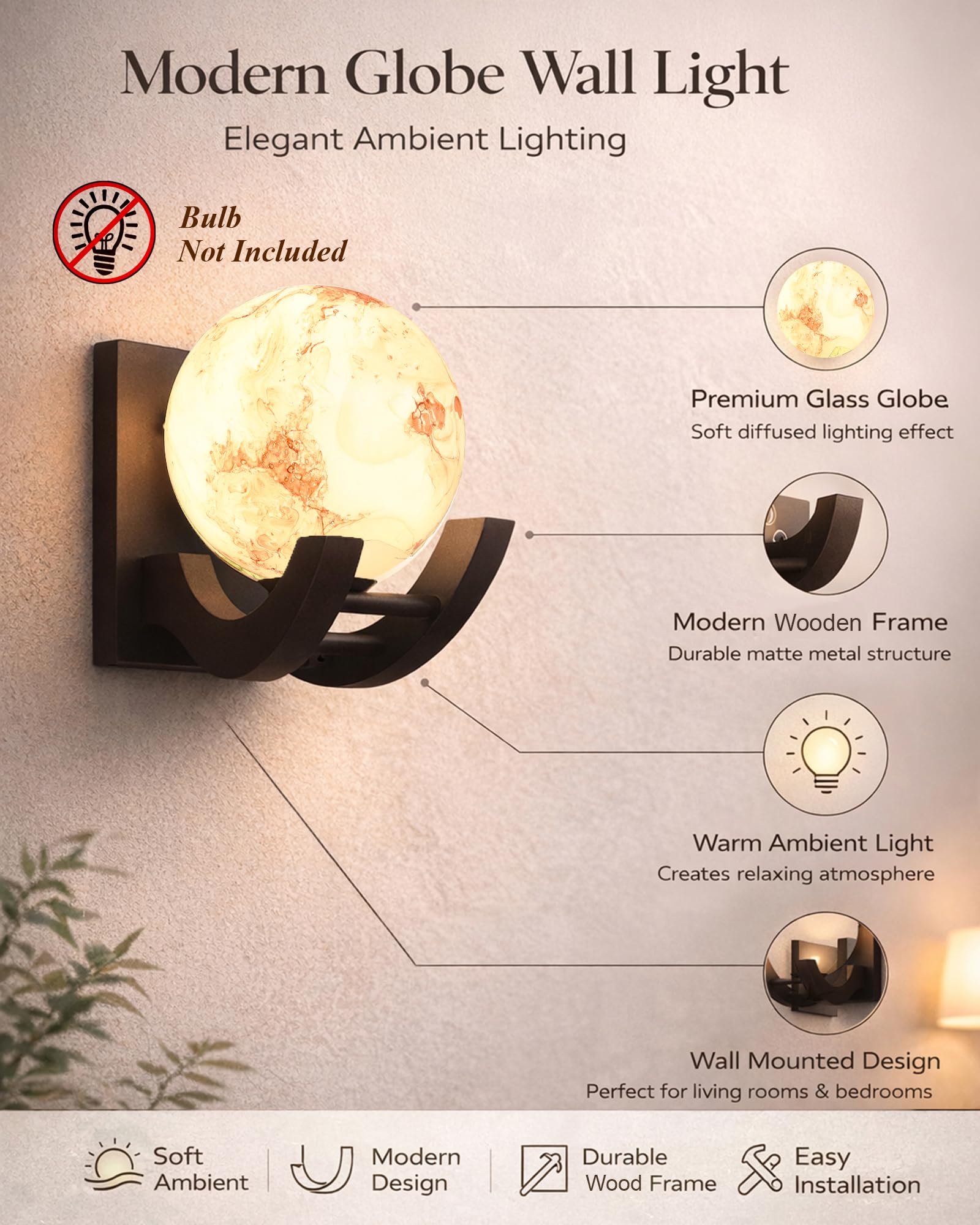 Homesake® Nordic Wooden Wall Lamps, Zedo E27 Sconces with Marble