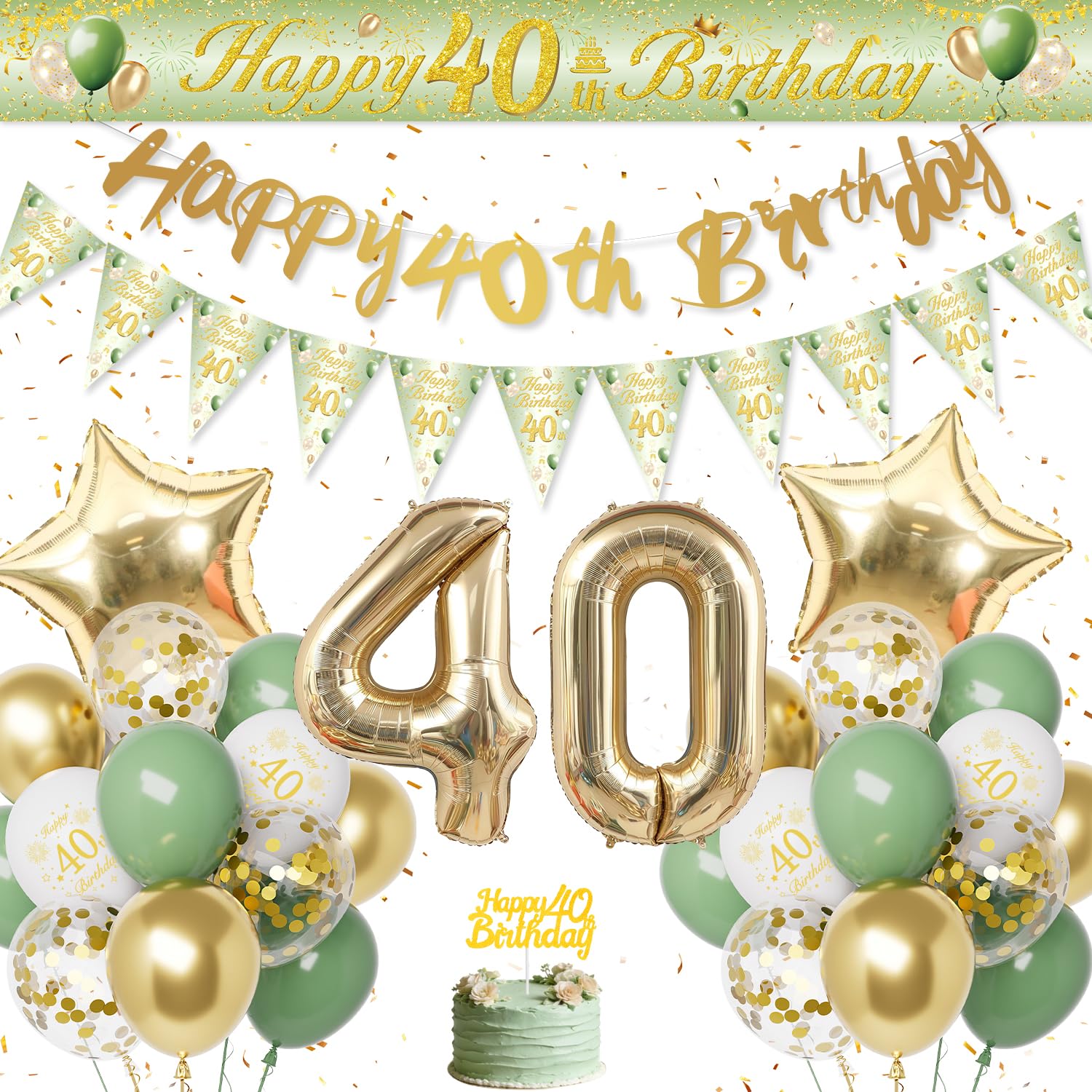 40th Birthday Decorations for Women Men, Green Gold 40th Birthday Balloons with Happy Birthday Banners, 40th Party Decorations, Number 40 Foil Balloon Sash Cake Topper
