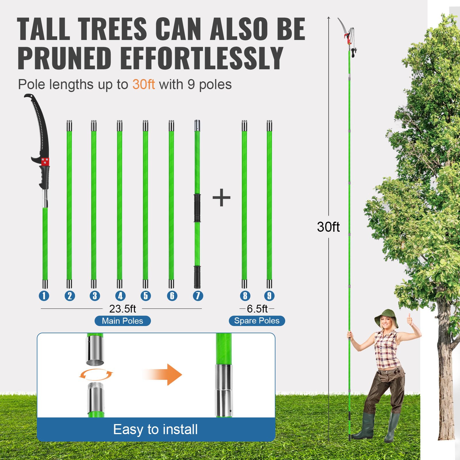 Scie à perche manuelle de 9 m, ensemble de ciseaux et 9 poignées en fibre de verre, sécateur à branches longues rétractables pour arrière-cour et jardin, coupe de buissons et élagage des palmiers