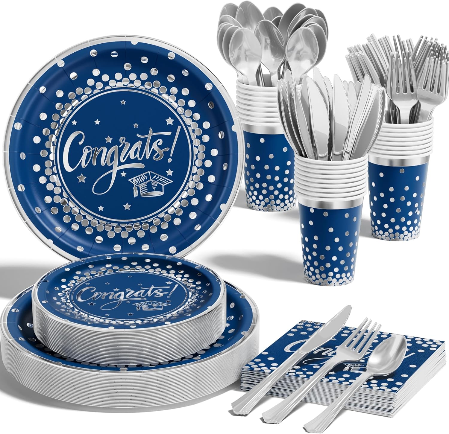 Ecomore Graduation Decorations 2026-175 PCS Black Gold Disposable Dinnerware Set, Congrats Grad Party Supplies w/Paper Plates Cups Napkins & Plastic Cutlery, Serves 25 for School College Class 2026