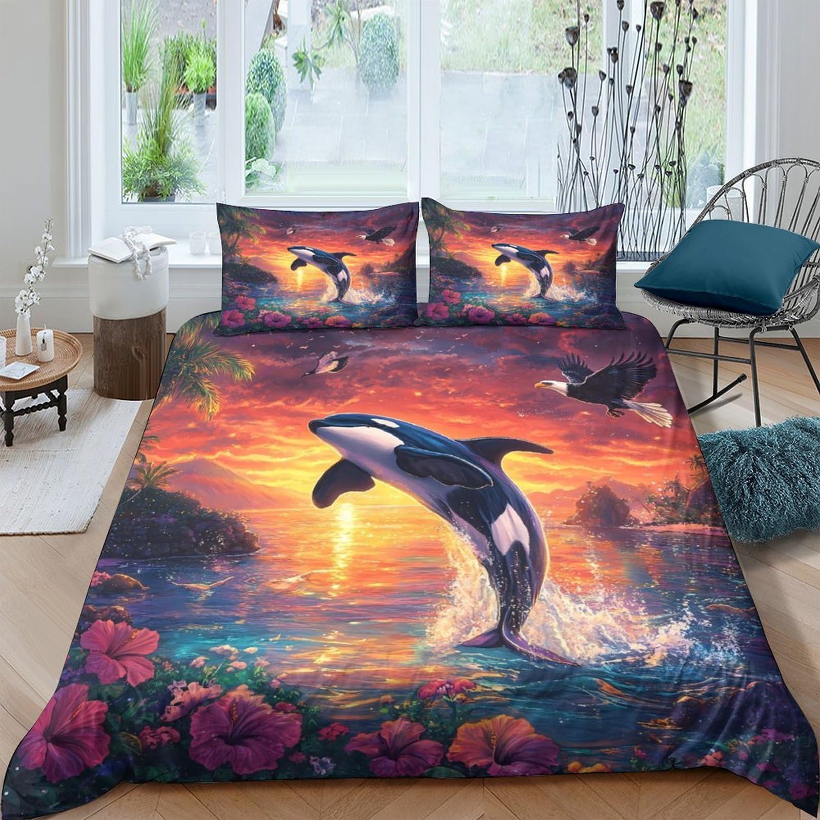 Ctjqhvkz Style-1 3D Printed Sunset Ocean Fitted Sheet Microfiber Soft Breathable Orca Whale Mattress Cover For Bedroom Guest Room Decor Single（135X200cm）