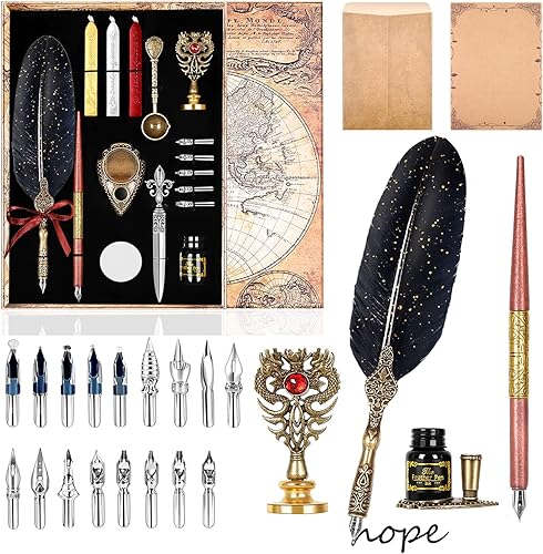 Juego de Tinta para Pluma de Caña, Incluye Pluma de Pluma y pluma de inmersión de madera, Tinta, 17 Puntas de Repuesto, Base de Punta de Pluma, 3