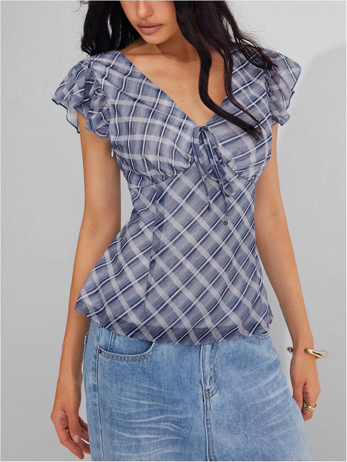 MakeMeChic Women's Plaid Blouses Flutter Sleeve V Neck Tie Front Summer Y2K Shirt Work Top - Image 2
