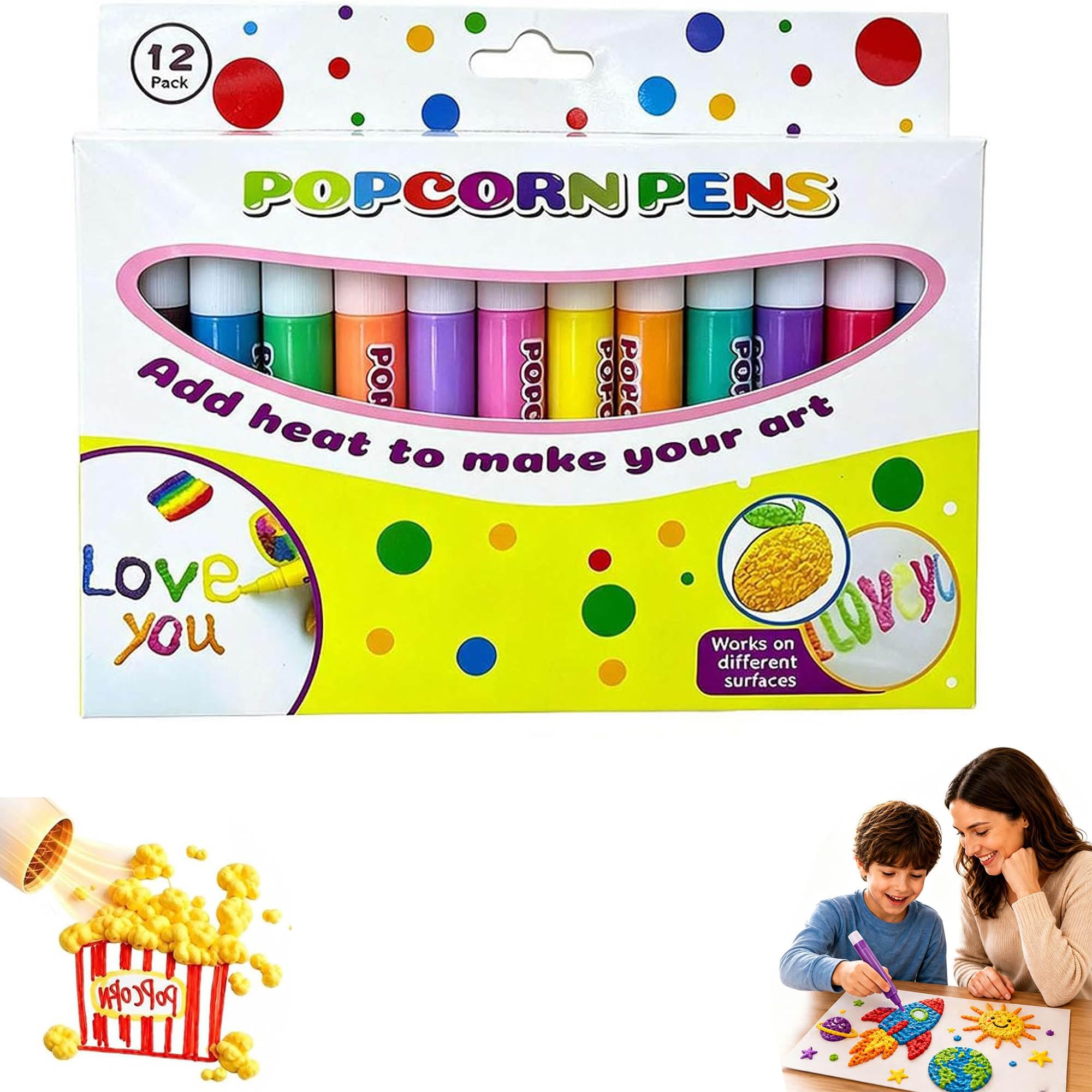 Topacme 3D Relief Art Pen, Popcorn Pens with Puffy Popcornpens Art，12 pack