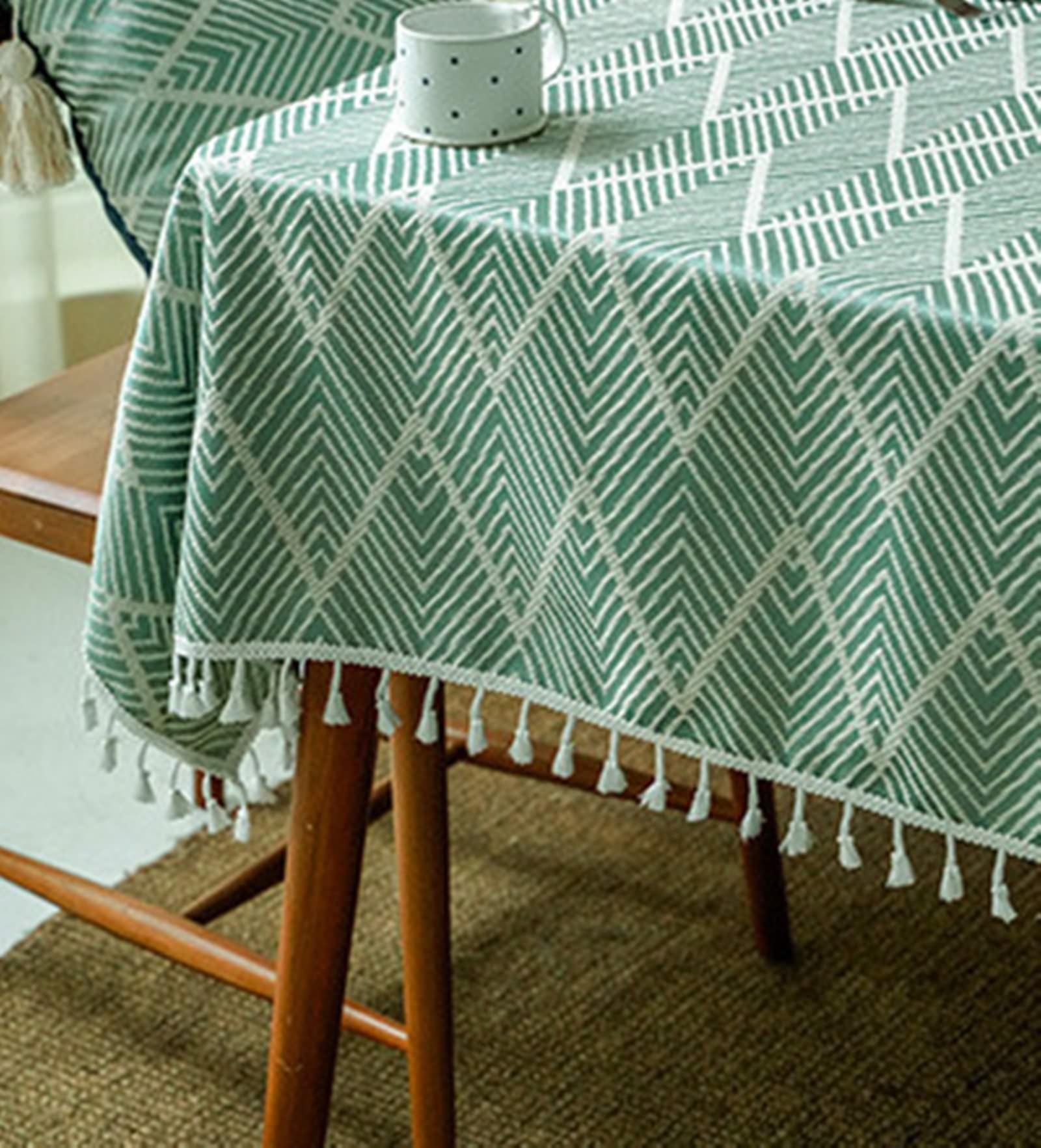 Mantel rectangular antimanchas, algodón, lino, lavable, con rayas, ondulado, bordado, con pompones, para decoración de mesa de comedor, cocina, verde, 140 x 240 cm