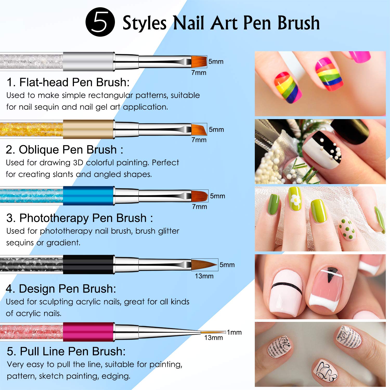Pennelli Unghie Gel Professionali Nail Art Pennelli con Manico Strass Strumenti per Nail Pittura Disegno del Chiodo fai da 5 Pezzi