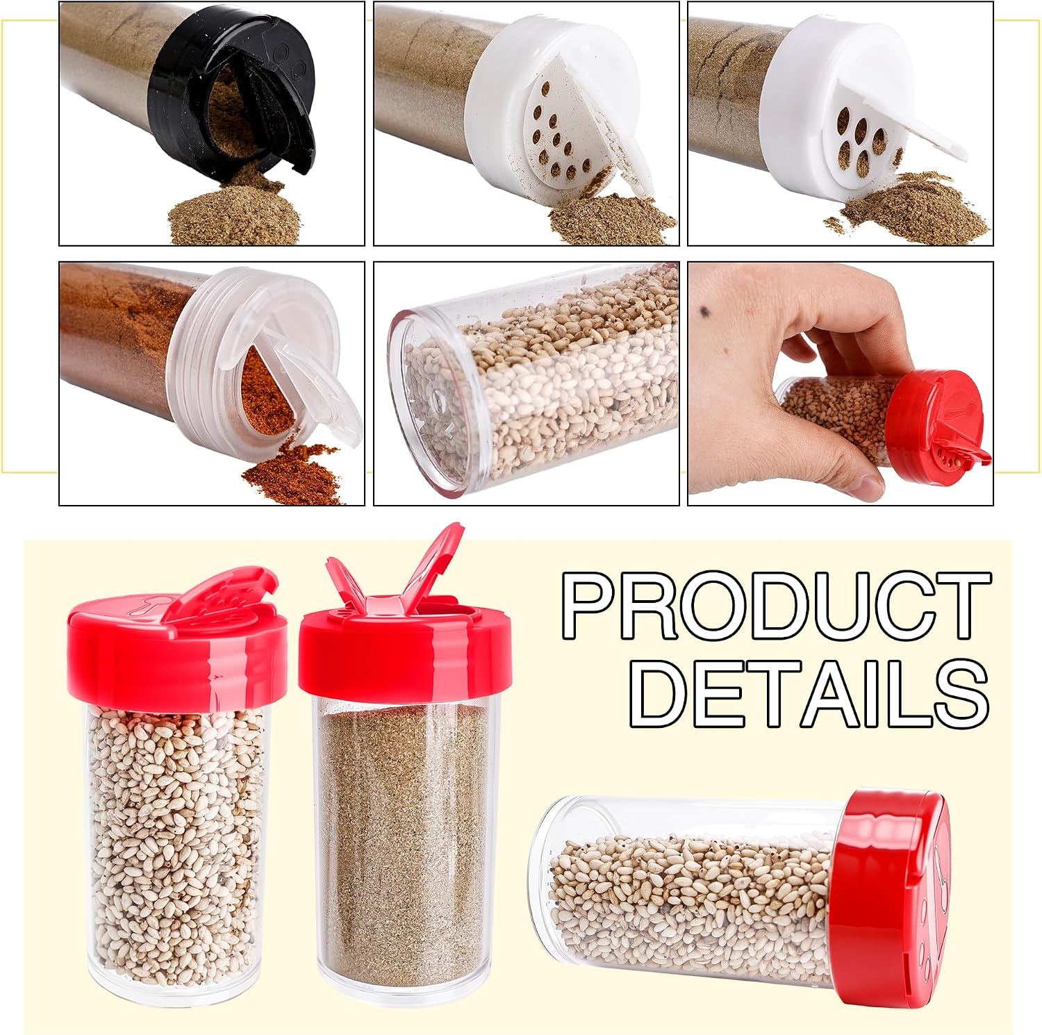30 Pack 2 oz Mini Plastic Spice Jars with Caps Clear Plastic Seasoning Bottles Round Food Safe Storage Containers for Travel kitchen (Pink Top with 2 Side Hole) image 3