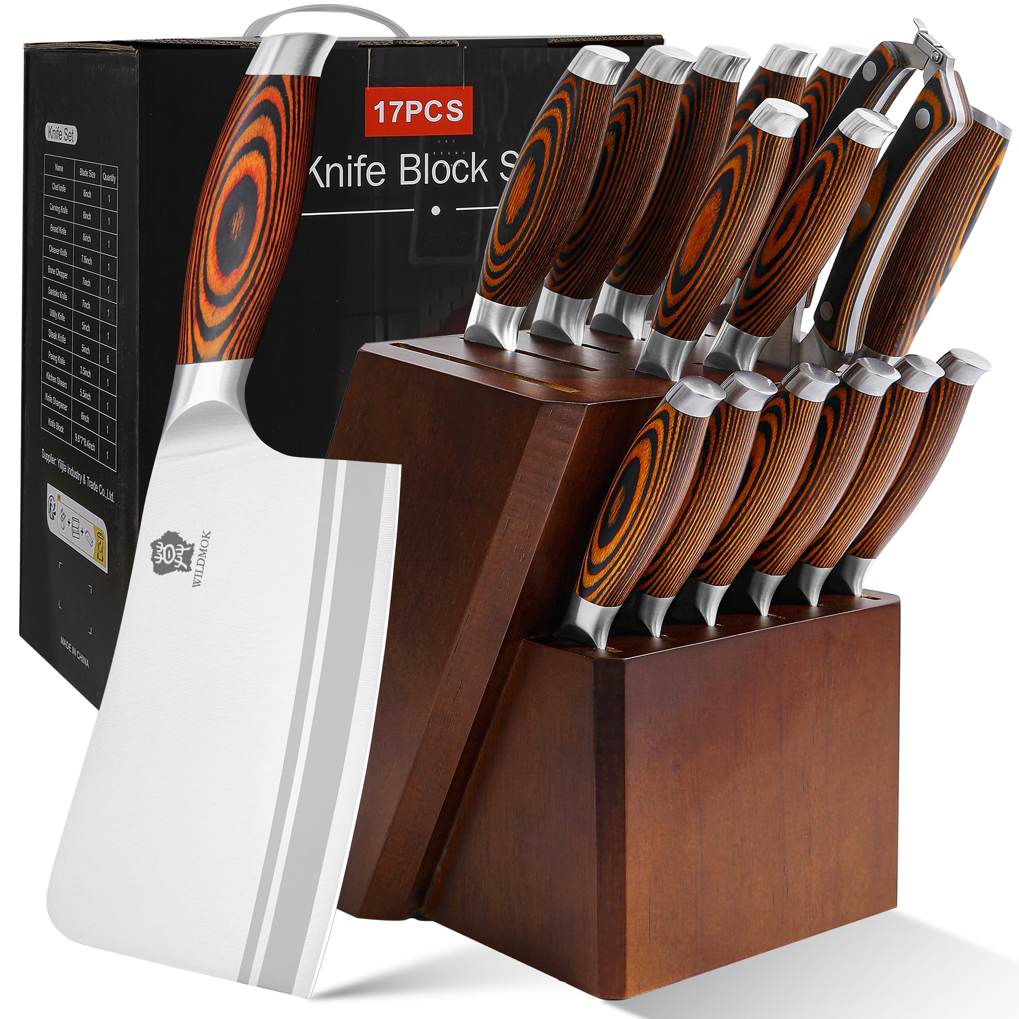 WILDMOK Juego de Cuchillos de Cocina de Acero Inoxidable Alemán Con Mango de Madera - 17 Piezas Con Cuchillo de Carne y Tijeras