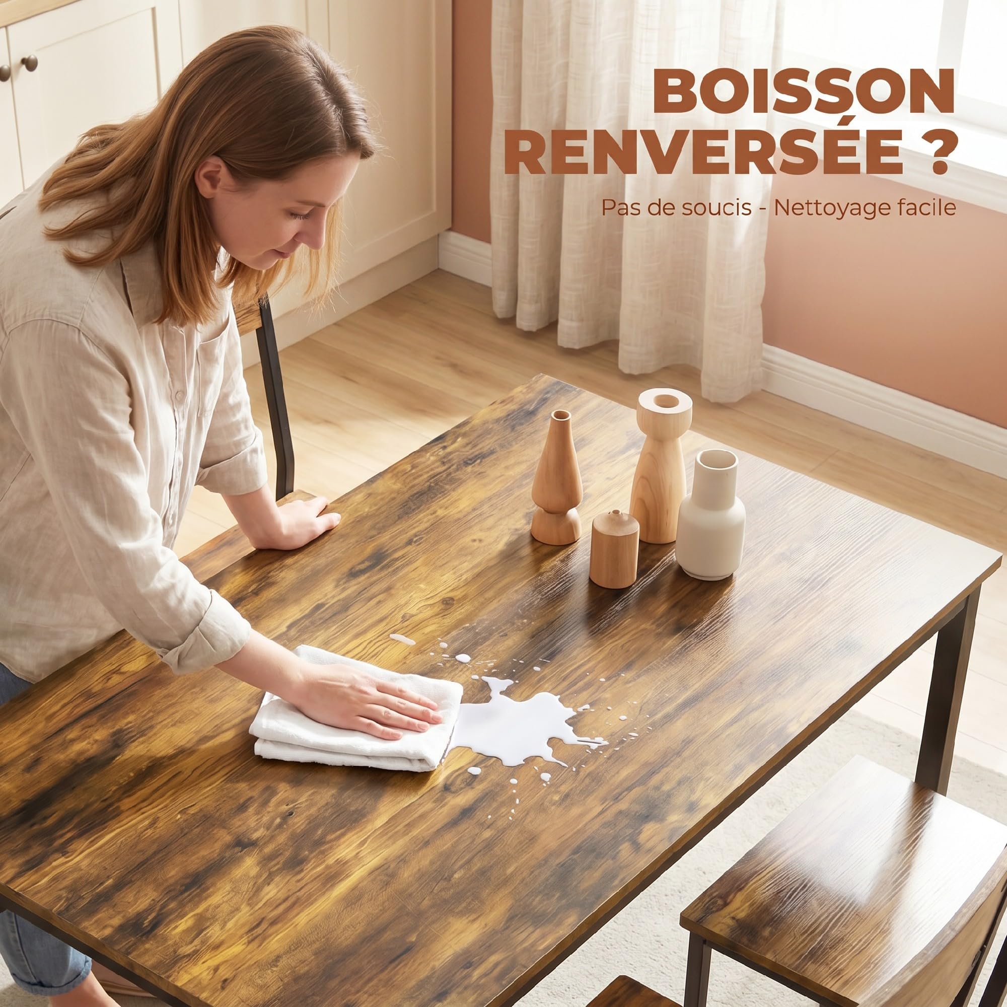 HOMCOM Ensemble Table Salle à Manger avec 4 chaises, Table de Cuisine pour 4 Personnes, Plateau rectangulaire 108 cm, Style Industriel, Pieds en métal, idéal Petit Espace, Brun Rustique
